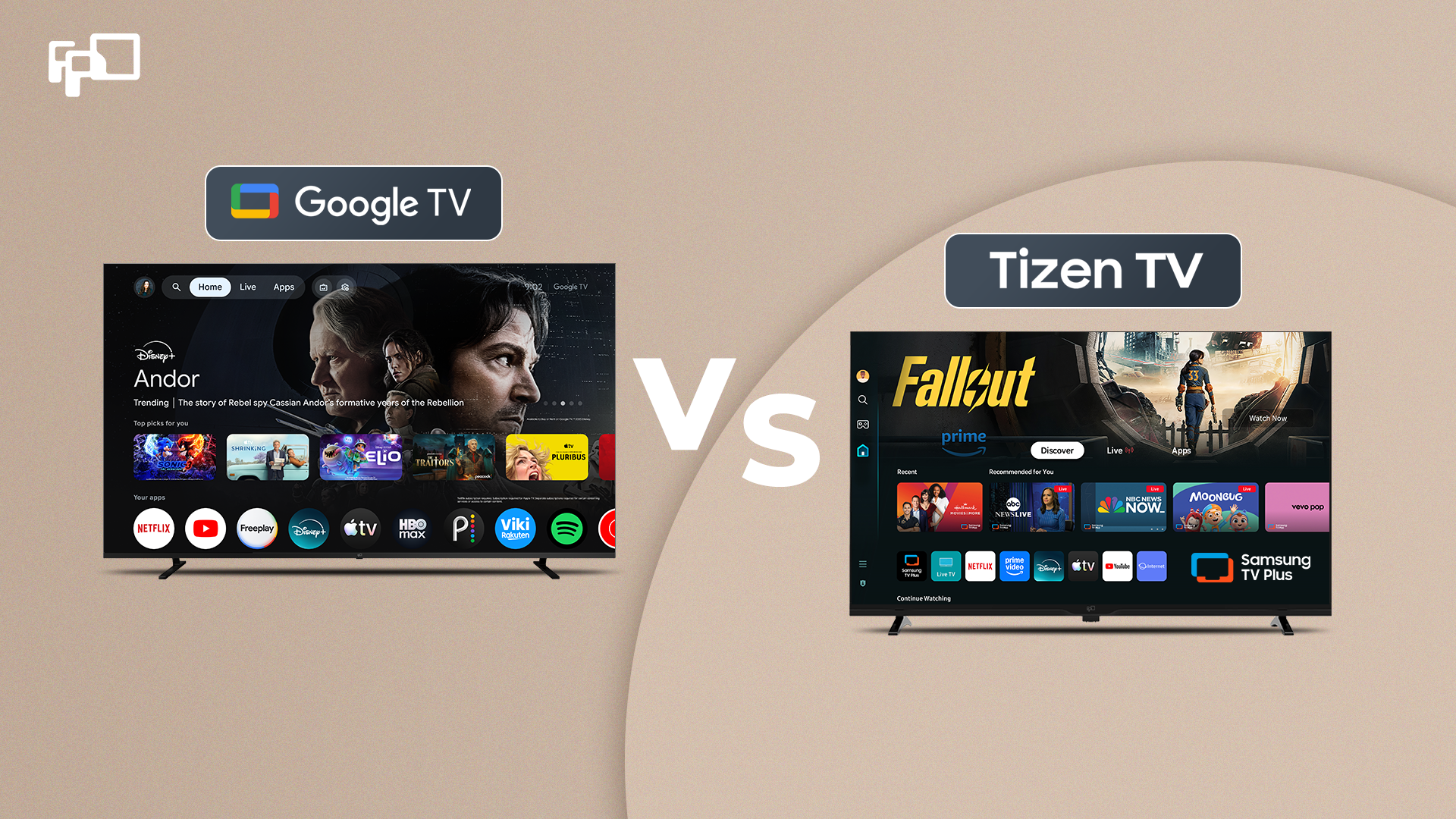 Google TV vs Tizen TV comparison featuring two FPD smart TV experiences