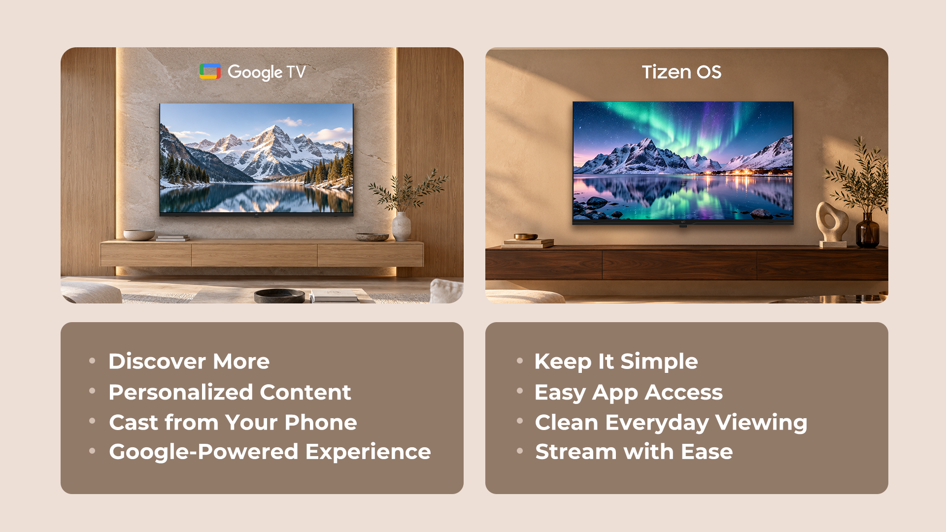 Google TV and Tizen TV feature comparison including content discovery, apps and casting