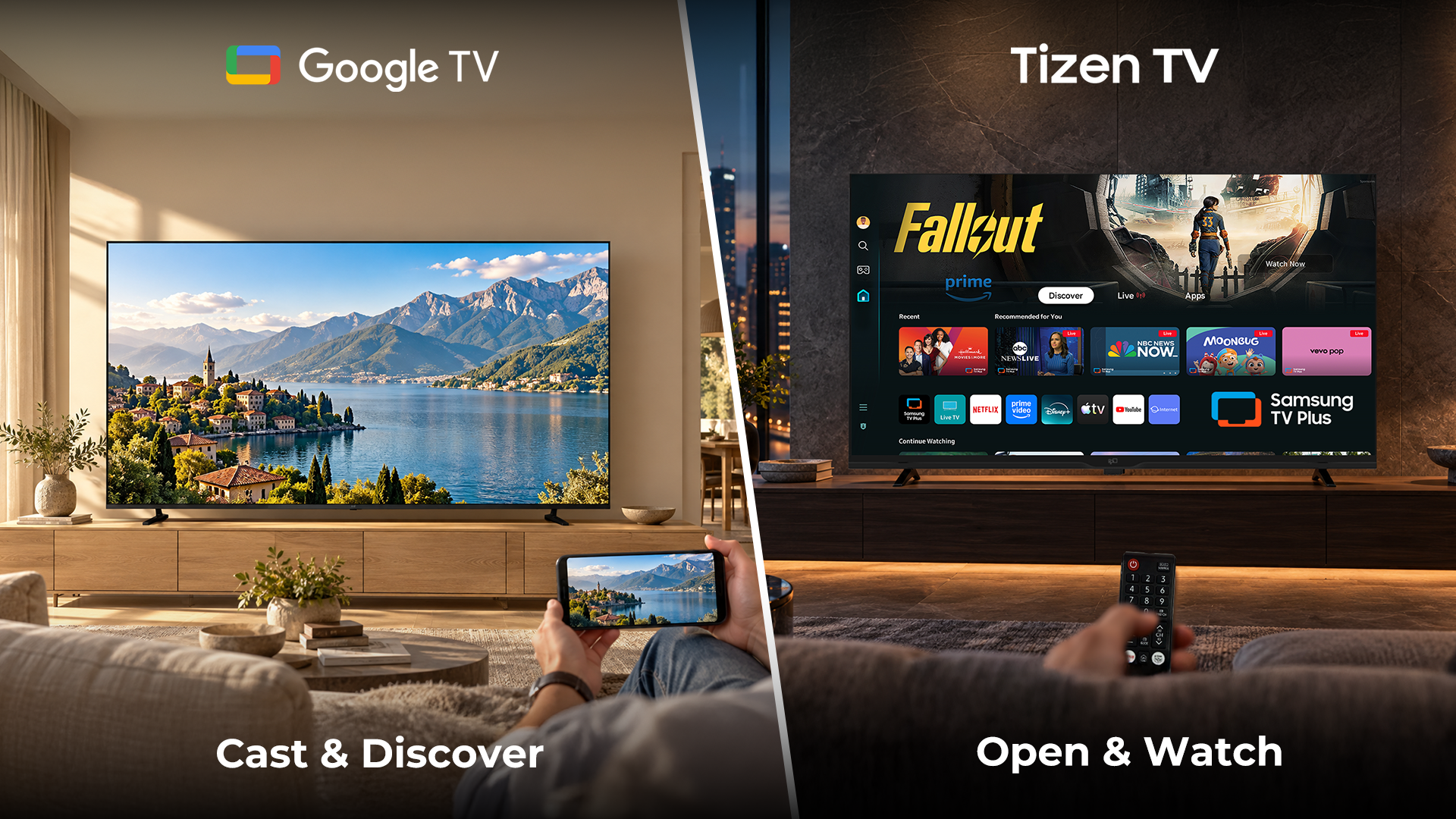 Google TV casting and content discovery compared with simple everyday viewing on Tizen TV