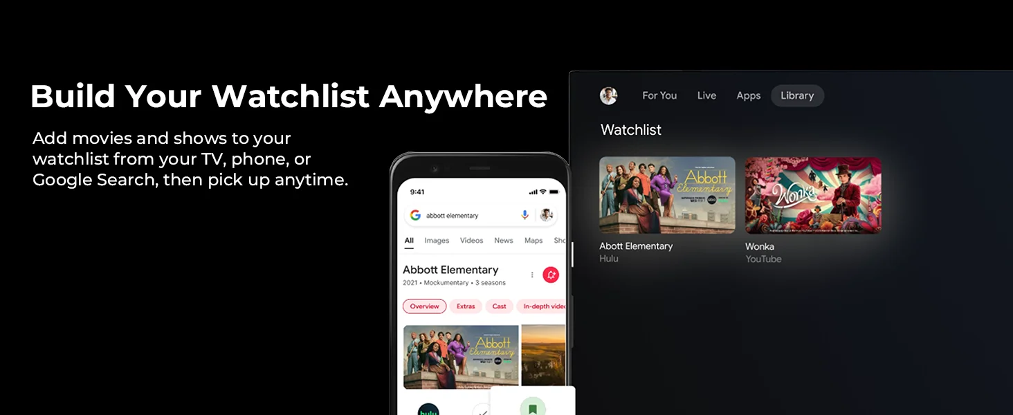FPD Google TV with Watchlist across TV phone and Google Search