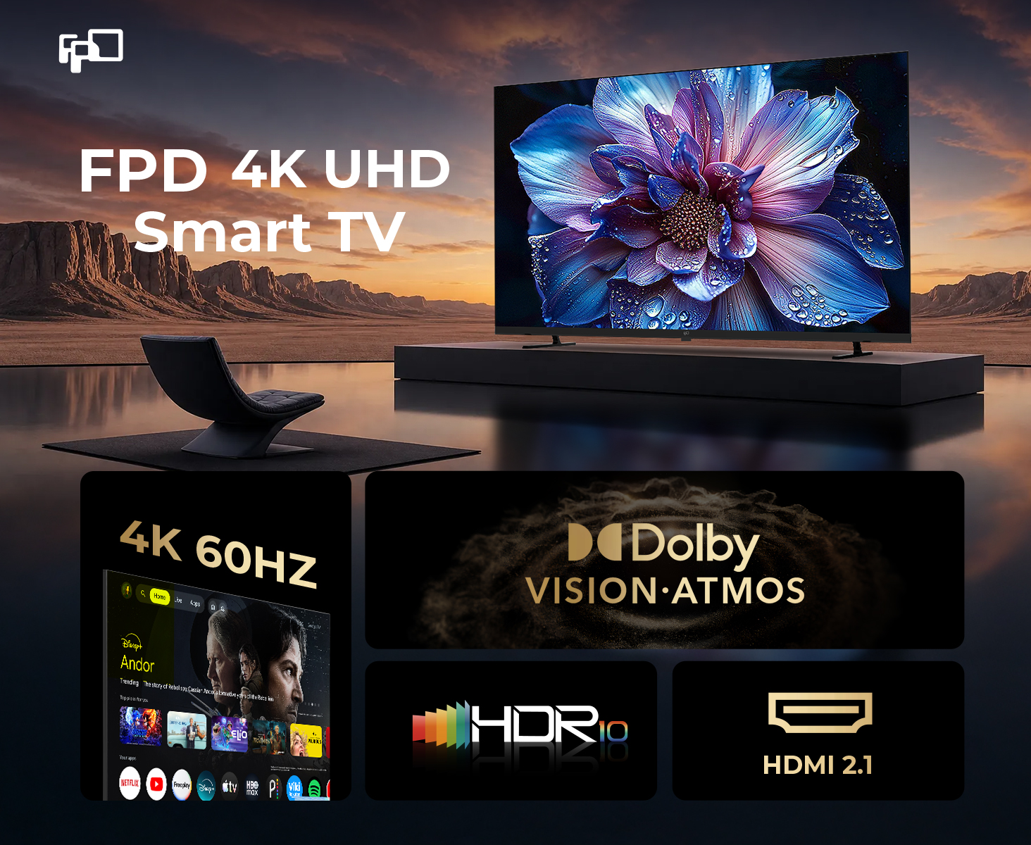 FPD 4K UHD Google TV with Dolby Vision Dolby Atmos HDR10 and HDMI 2.1