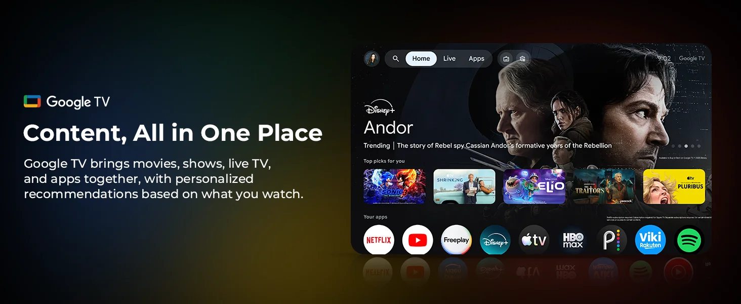 FPD Google TV with streaming apps and personalised recommendations