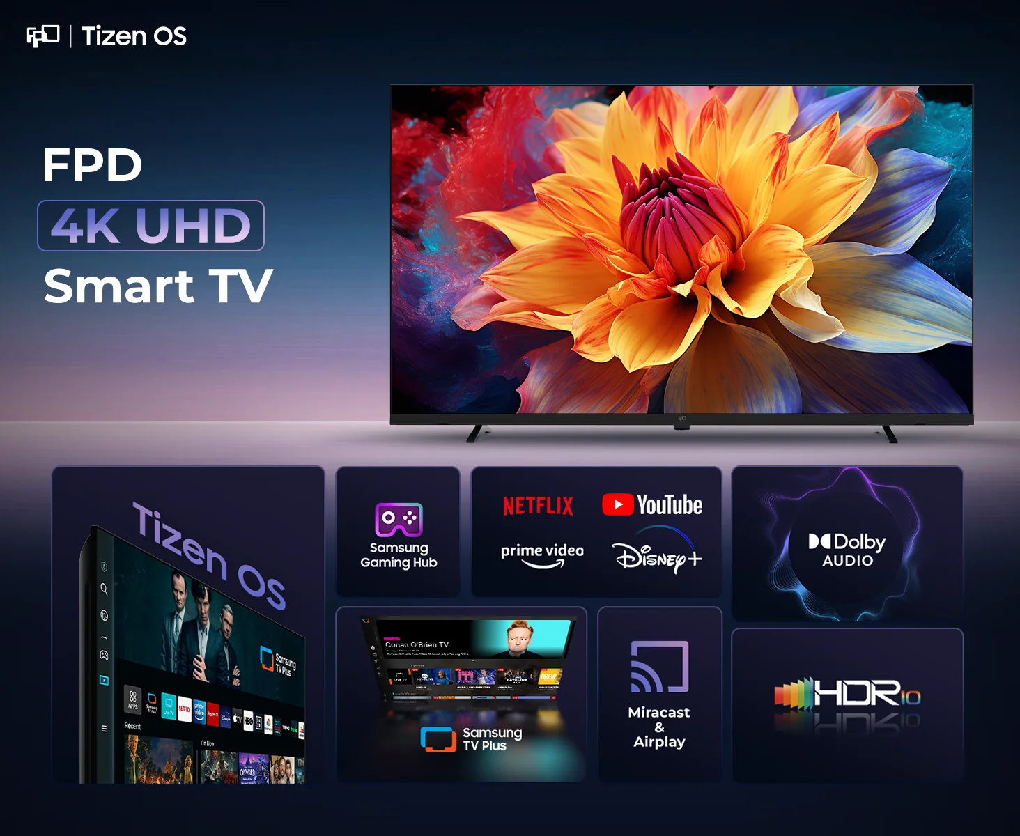FPD 4K UHD Tizen OS Smart TV with HDR10, Dolby Audio, Samsung TV Plus, AirPlay, Miracast and Gaming Hub