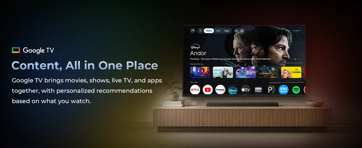 FPD Google TV with streaming apps and personalised content recommendations