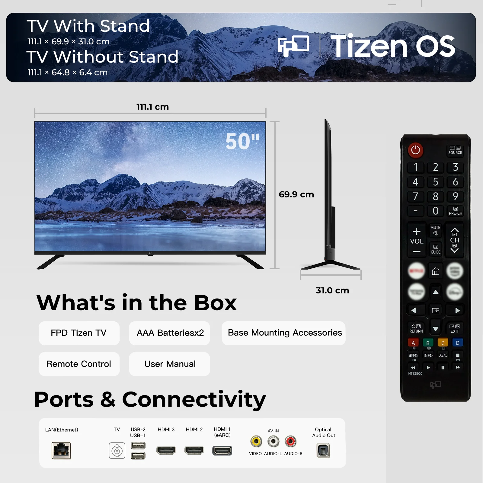 FPD 50-Inch Tizen TV with stand and remote