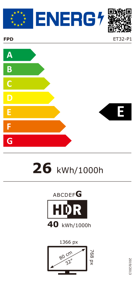 FPD ET32-P1 EU Energy Label, SDR Energy Efficiency Class E and HDR Energy Efficiency Class G