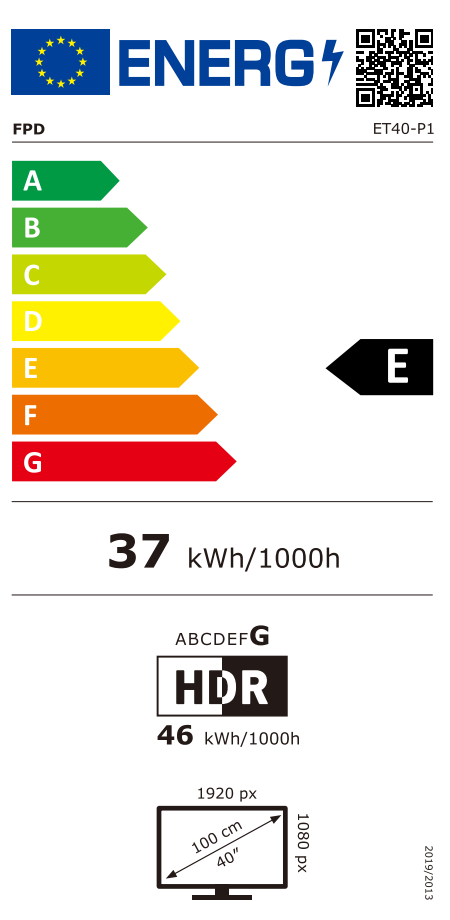 FPD ET40-P1 EU Energy Label, SDR Energy Efficiency Class E and HDR Energy Efficiency Class G