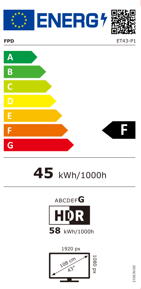 FPD ET43-P1 EU Energy Label, SDR Energy Efficiency Class F and HDR Energy Efficiency Class G
