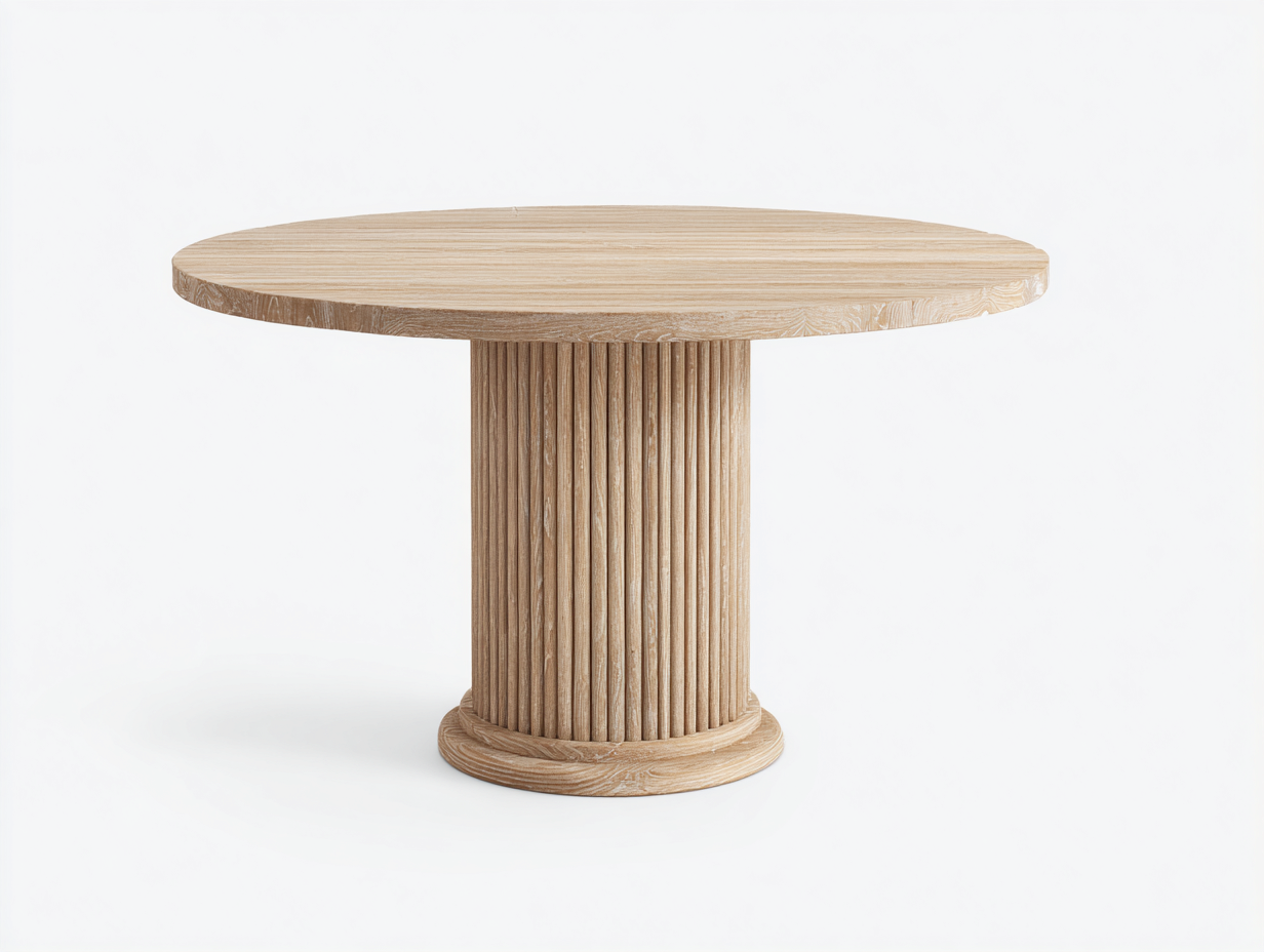 Mesas de jardín redonda de madera 120x120x75 cm - natural - diseño de pedestal acanalado-Lasalidecor