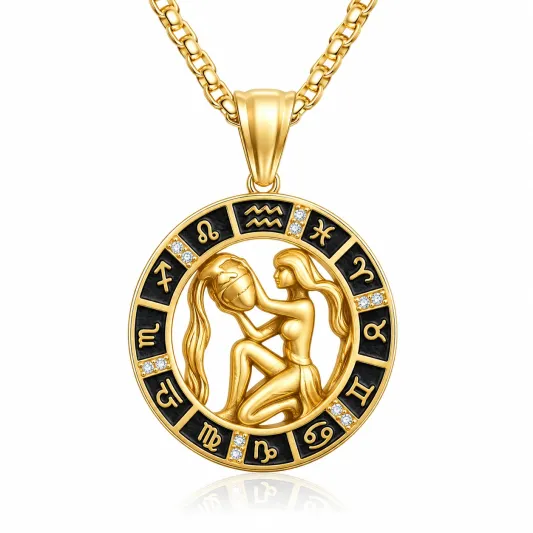 Naszyjnik zodiakalny Wodnik z cyrkoniami w kolorze złotym i czarnym-meubelora