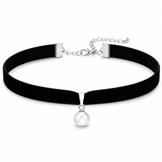 Czarny aksamitny choker z perłą-meubelora