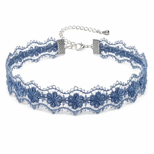 Koronkowy naszyjnik choker z motywem kwiatowym w kolorze niebieskim-meubelora