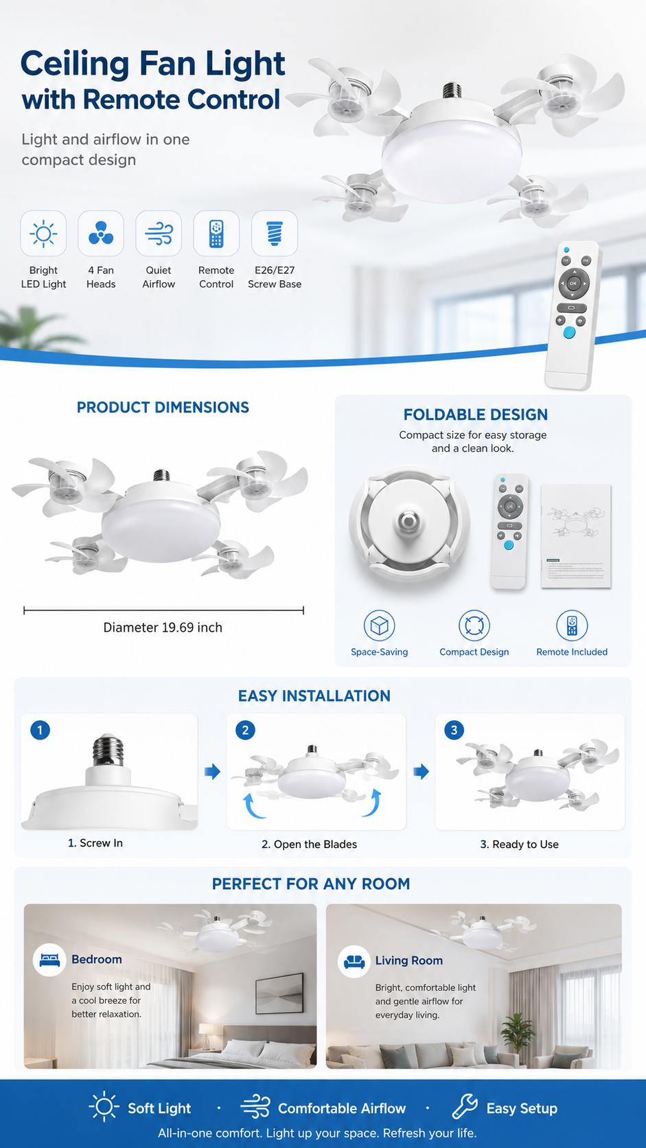 Ceiling Fan Light with Remote Control, 19.69 Inch Screw in LED Fan Light, E26/E27 Base Foldable Ceiling Fan with 4 Fan Heads, Quiet Airflow & Bright Lighting, Easy Installation for Bedroom, Living Room, Kitchen, Office, Dorm, Small Room Use
