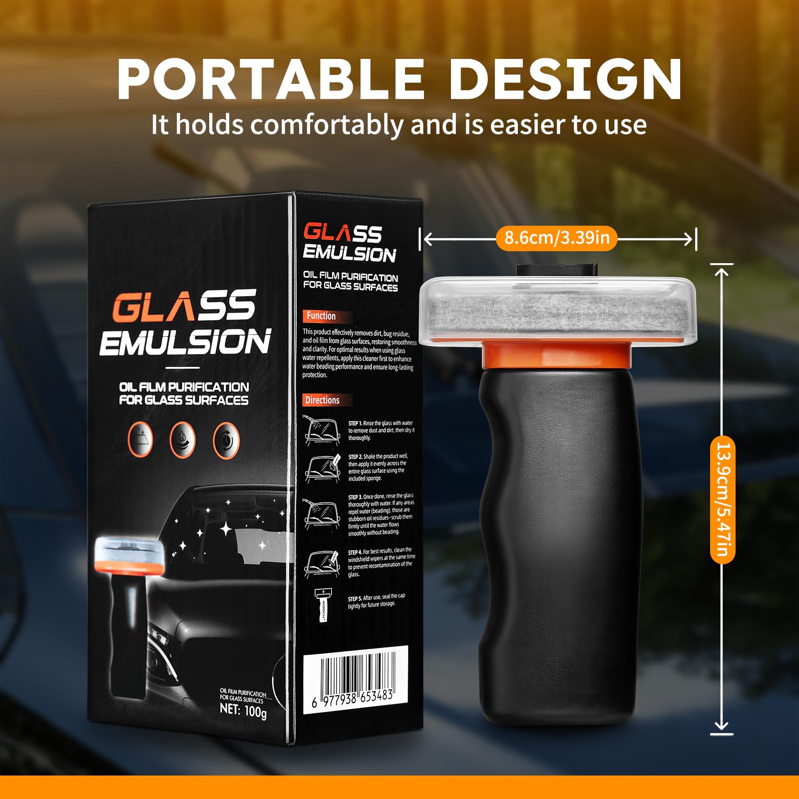 Glass Oil Film Remover for Car Windshield, Handheld Roll-On Glass Emulsion Cleaner with cleaning board, Removes Stubborn Oil Film & Grime for Improved Windshield Clarity for Safe Driving(3.5oz) (1PCS)