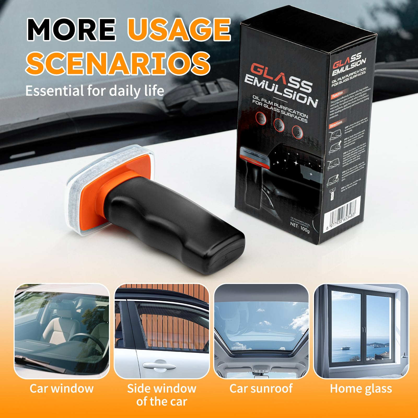 Glass Oil Film Remover for Car Windshield, Handheld Roll-On Glass Emulsion Cleaner with cleaning board, Removes Stubborn Oil Film & Grime for Improved Windshield Clarity for Safe Driving(3.5oz) (1PCS)