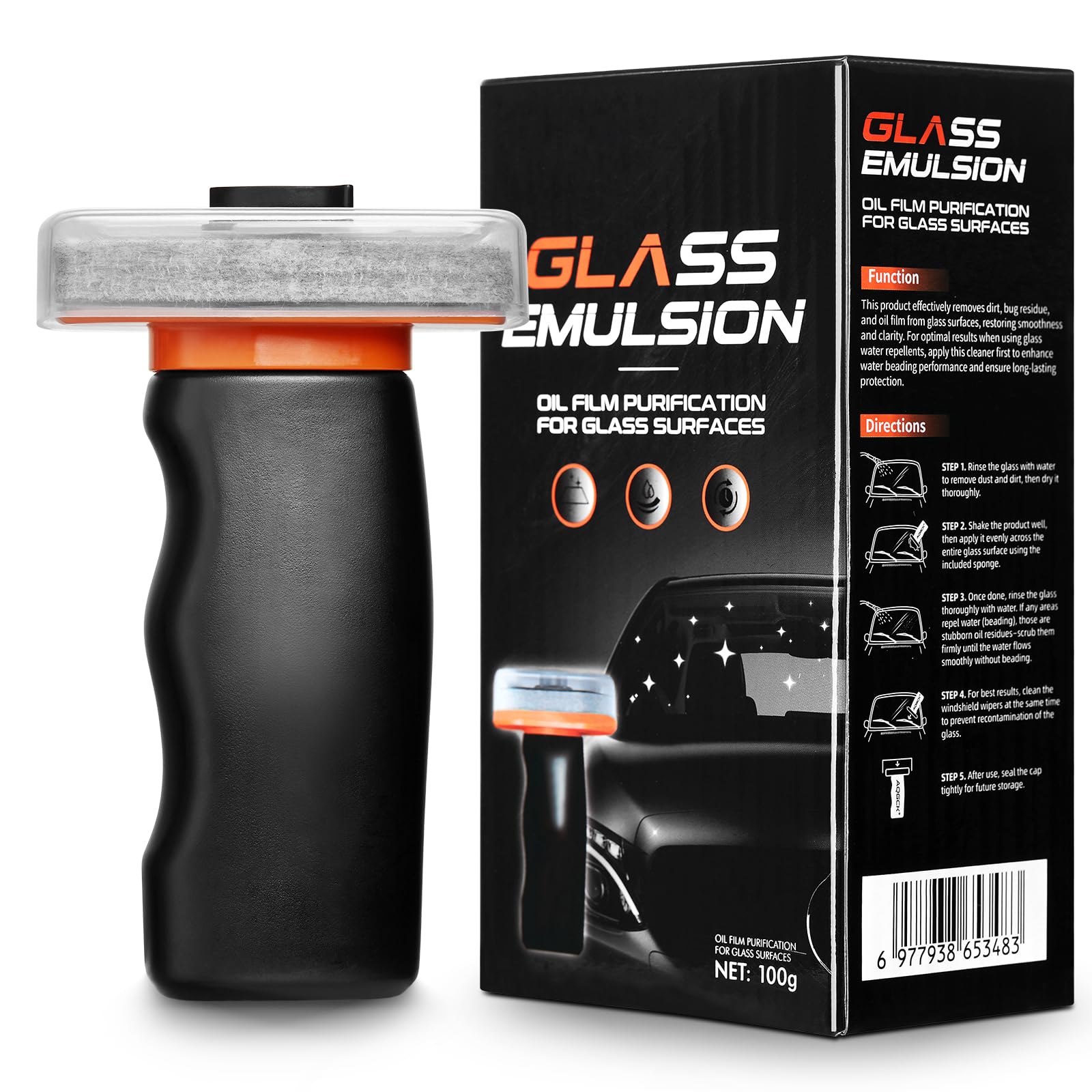 Glass Oil Film Remover for Car Windshield, Handheld Roll-On Glass Emulsion Cleaner with cleaning board, Removes Stubborn Oil Film & Grime for Improved Windshield Clarity for Safe Driving(3.5oz) (1PCS)