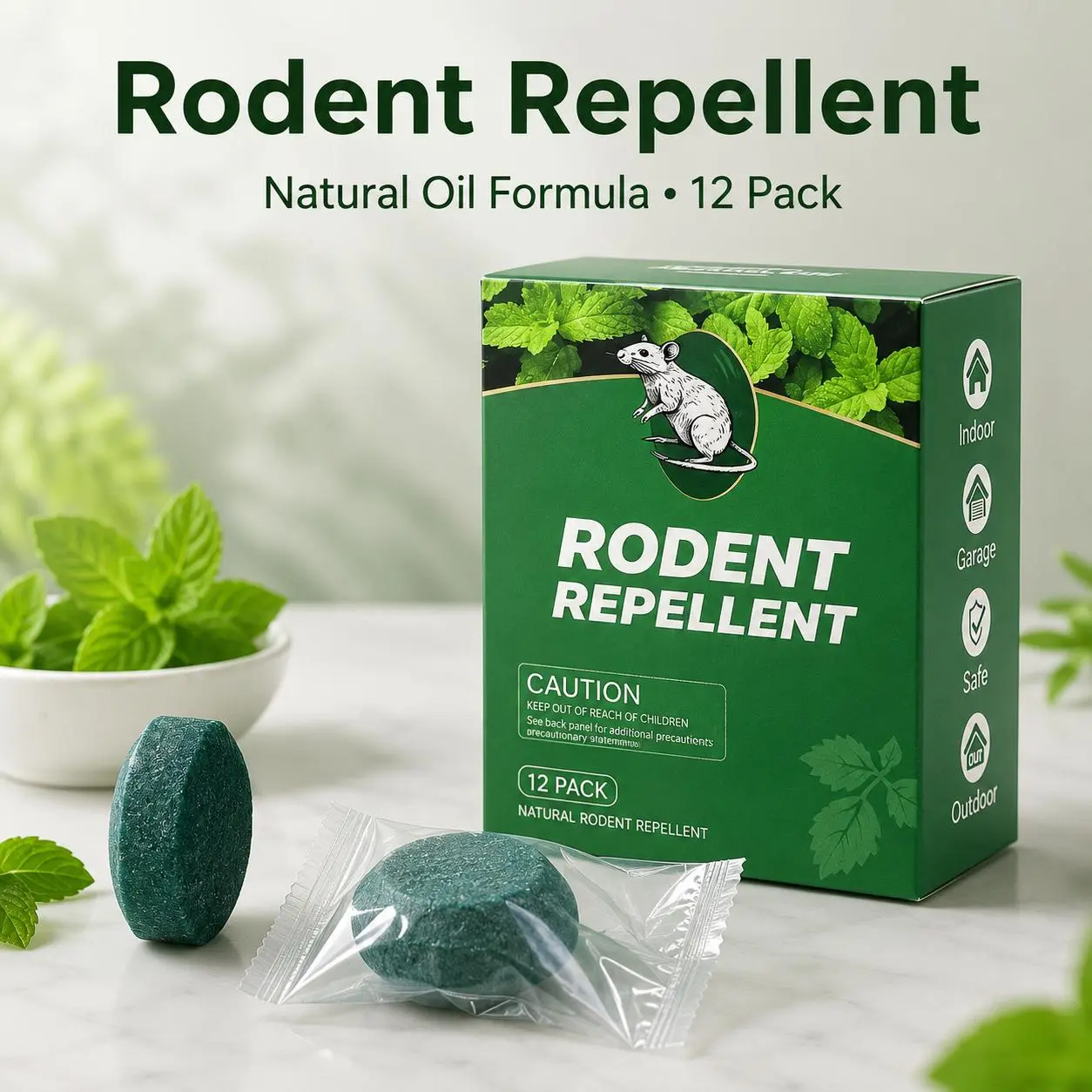 Natural Rodent Repellent Tablets, Plant-Based Fresh Mint Scent Mouse & Rat Deterrent for Outdoor and outdoor, Garage, Car, RV, Storage & Outdoor Use, 12 Pack