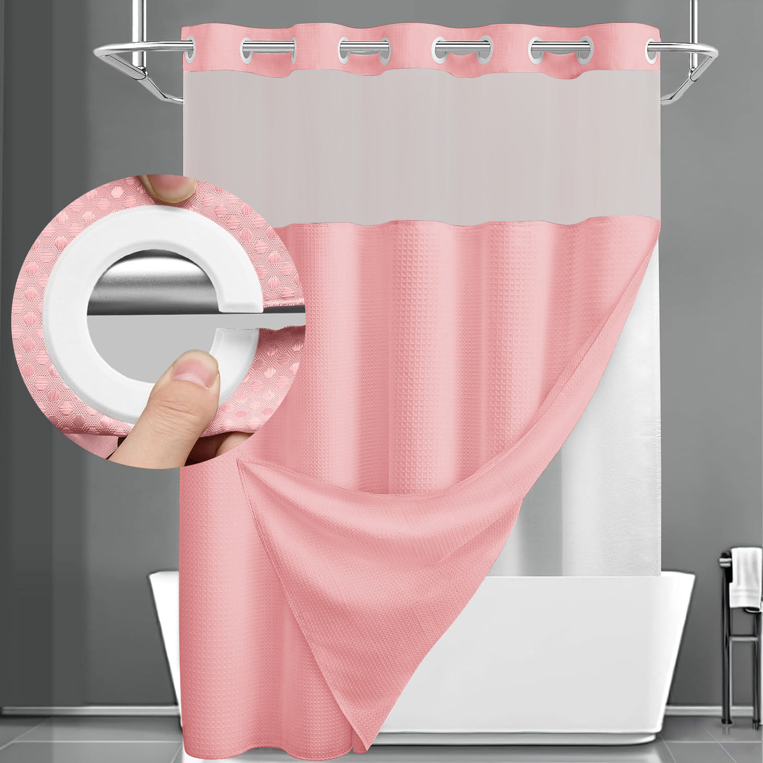 Grey No Hook Shower Curtain with Snap in Liner