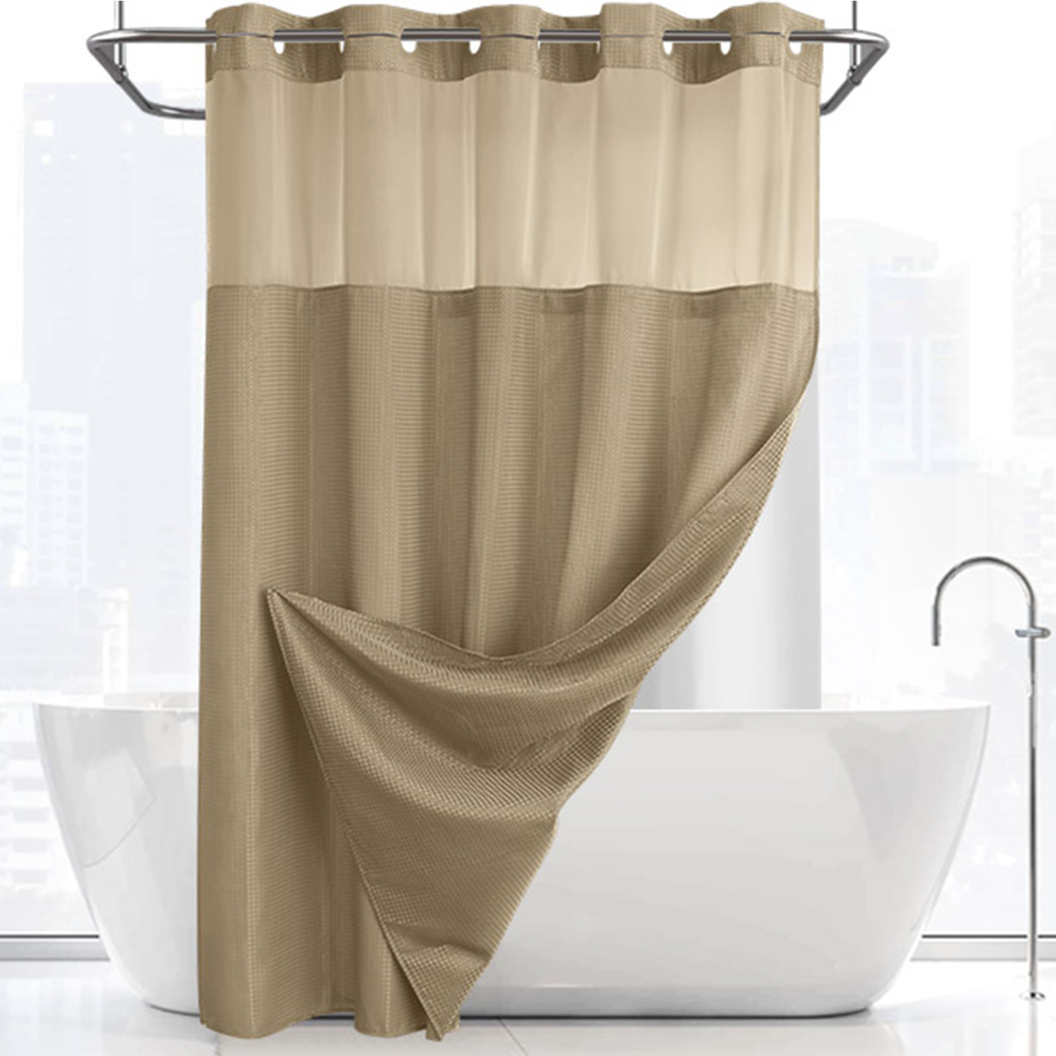 Grey No Hook Shower Curtain with Snap in Liner