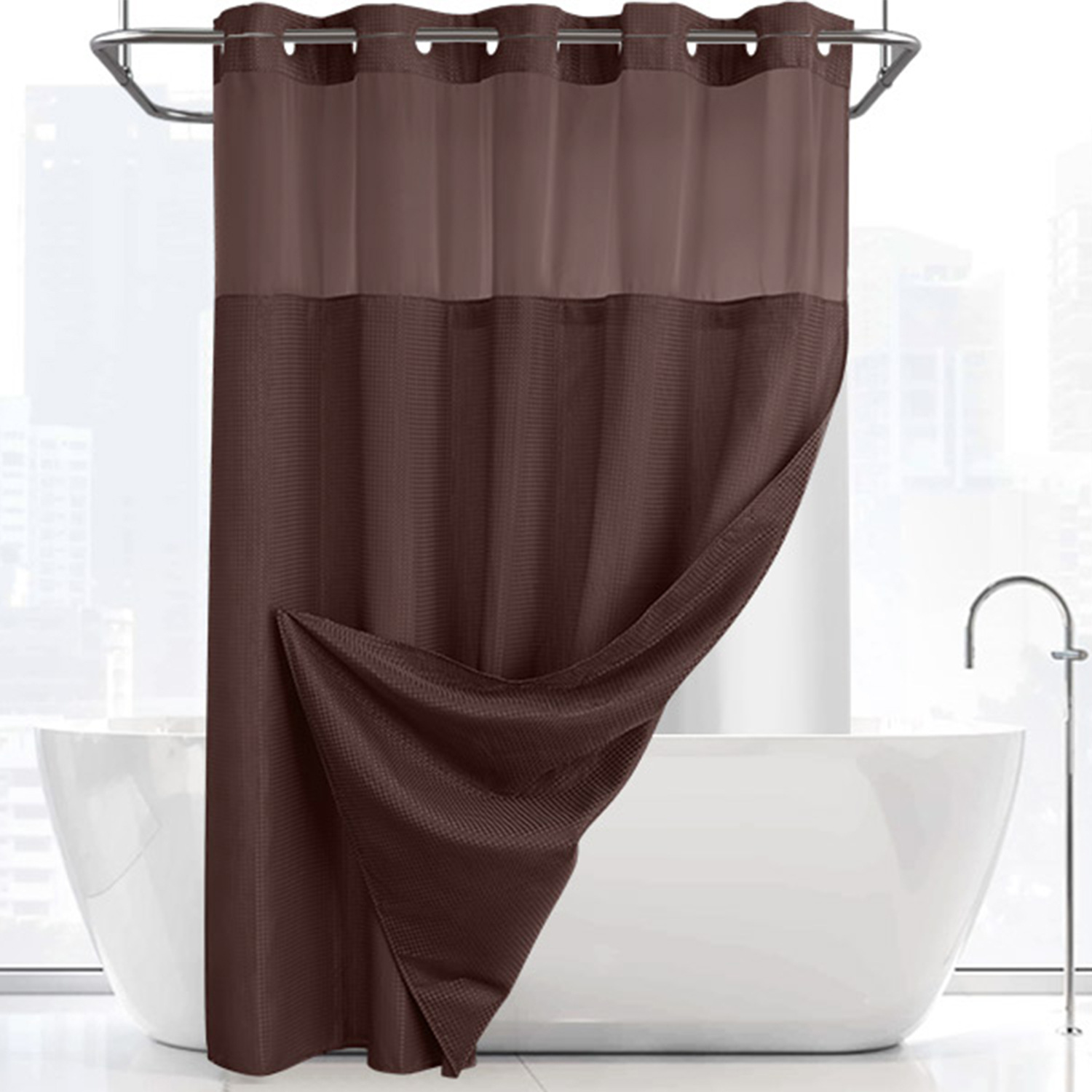 Grey No Hook Shower Curtain with Snap in Liner
