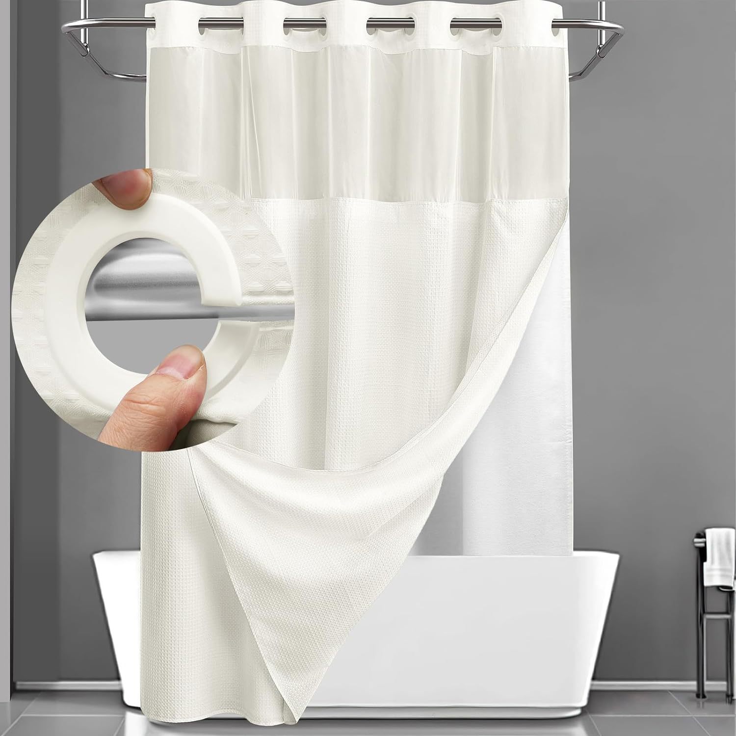 Grey No Hook Shower Curtain with Snap in Liner