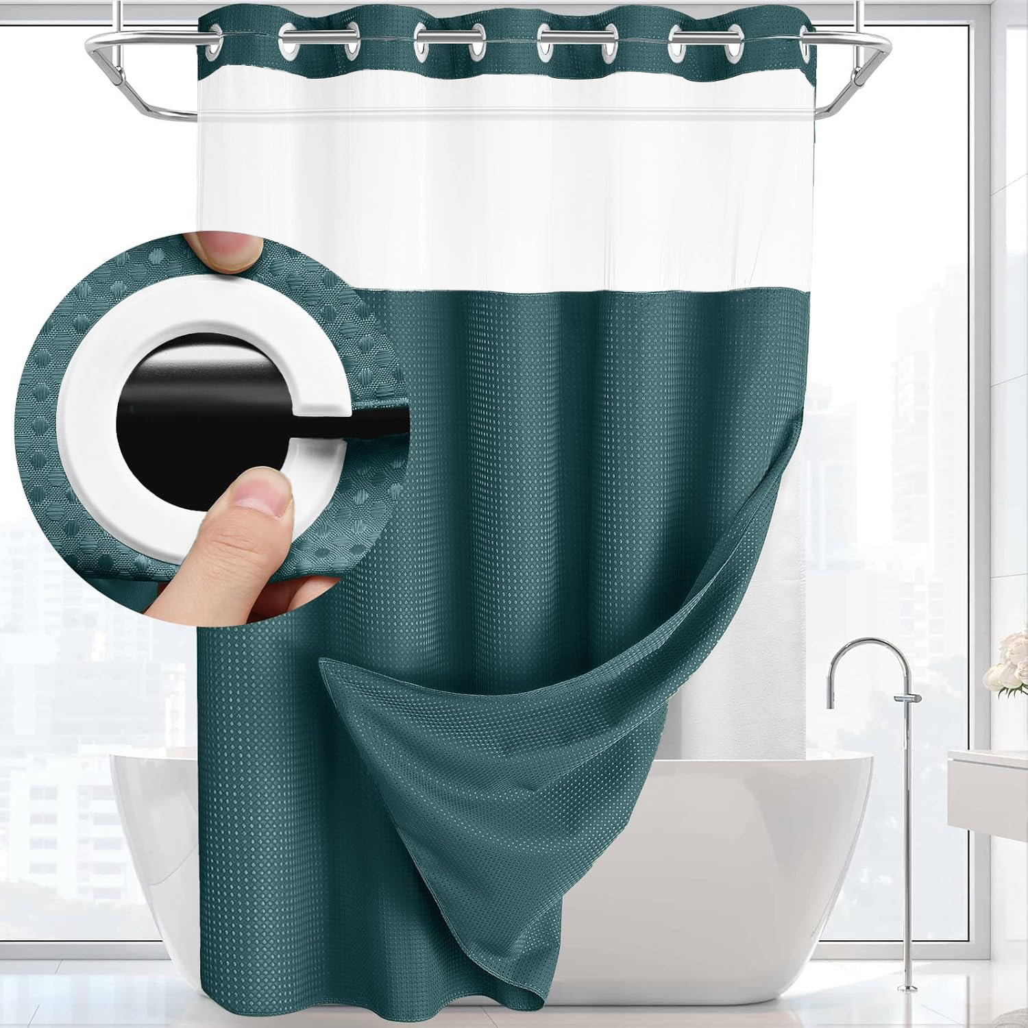 Grey No Hook Shower Curtain with Snap in Liner