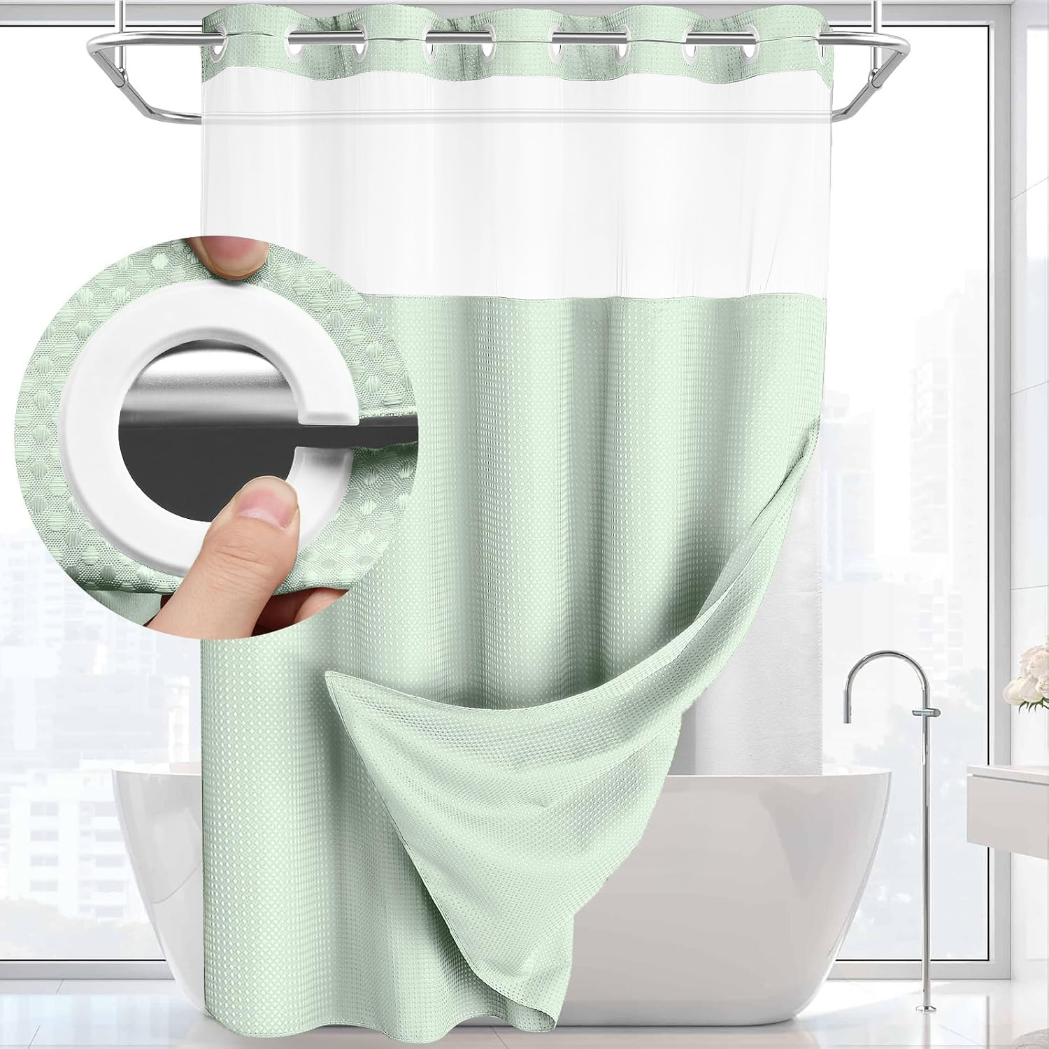 Grey No Hook Shower Curtain with Snap in Liner