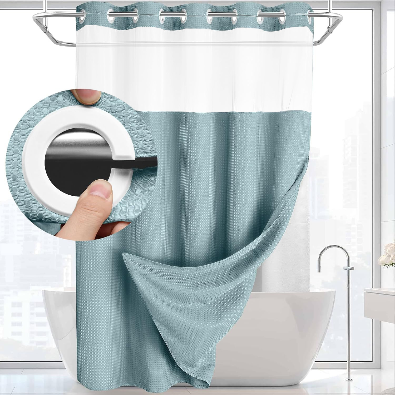 Grey No Hook Shower Curtain with Snap in Liner