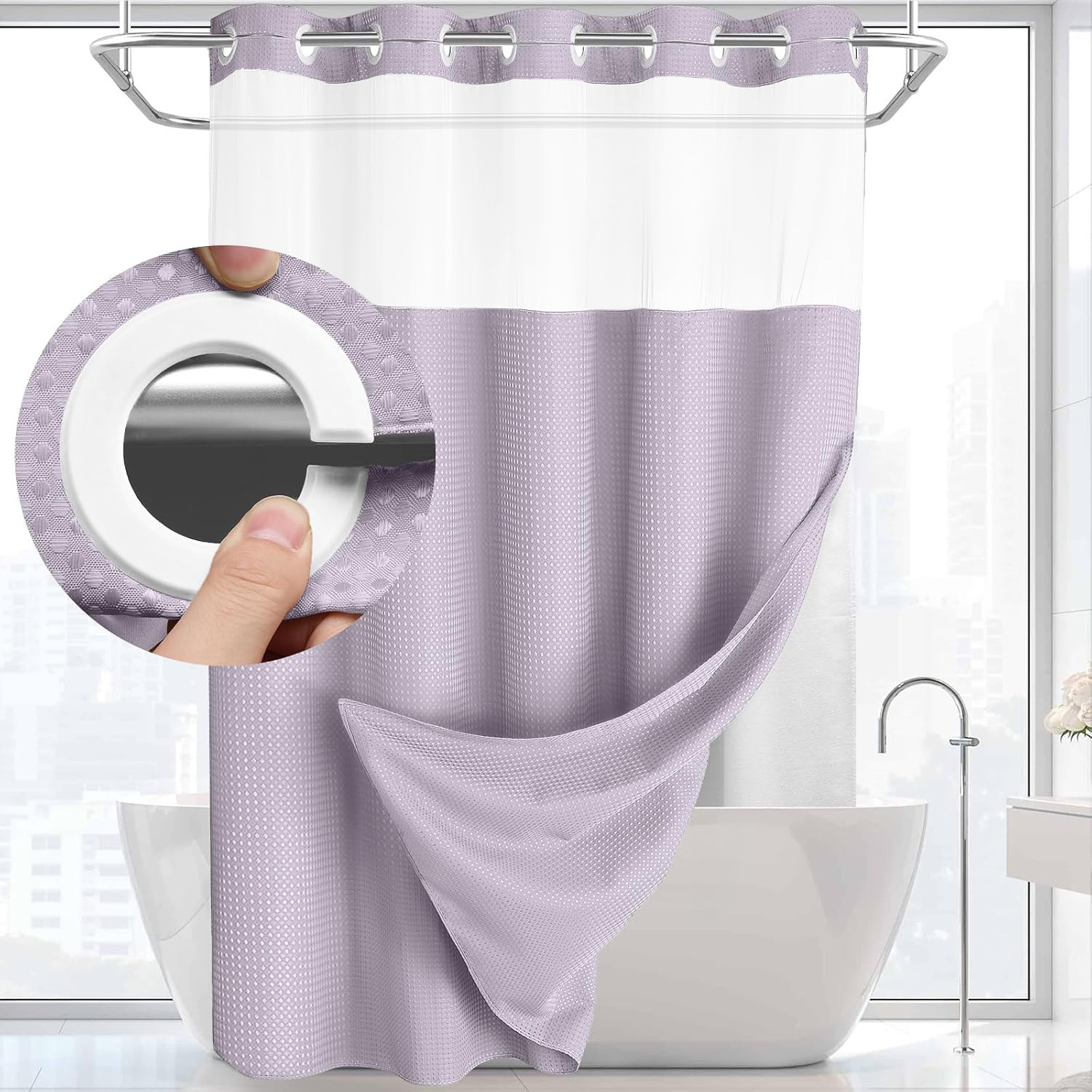 Grey No Hook Shower Curtain with Snap in Liner