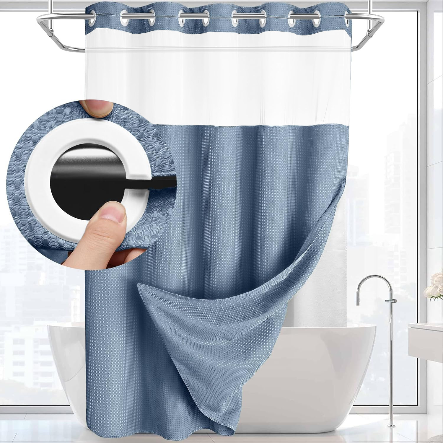 Grey No Hook Shower Curtain with Snap in Liner