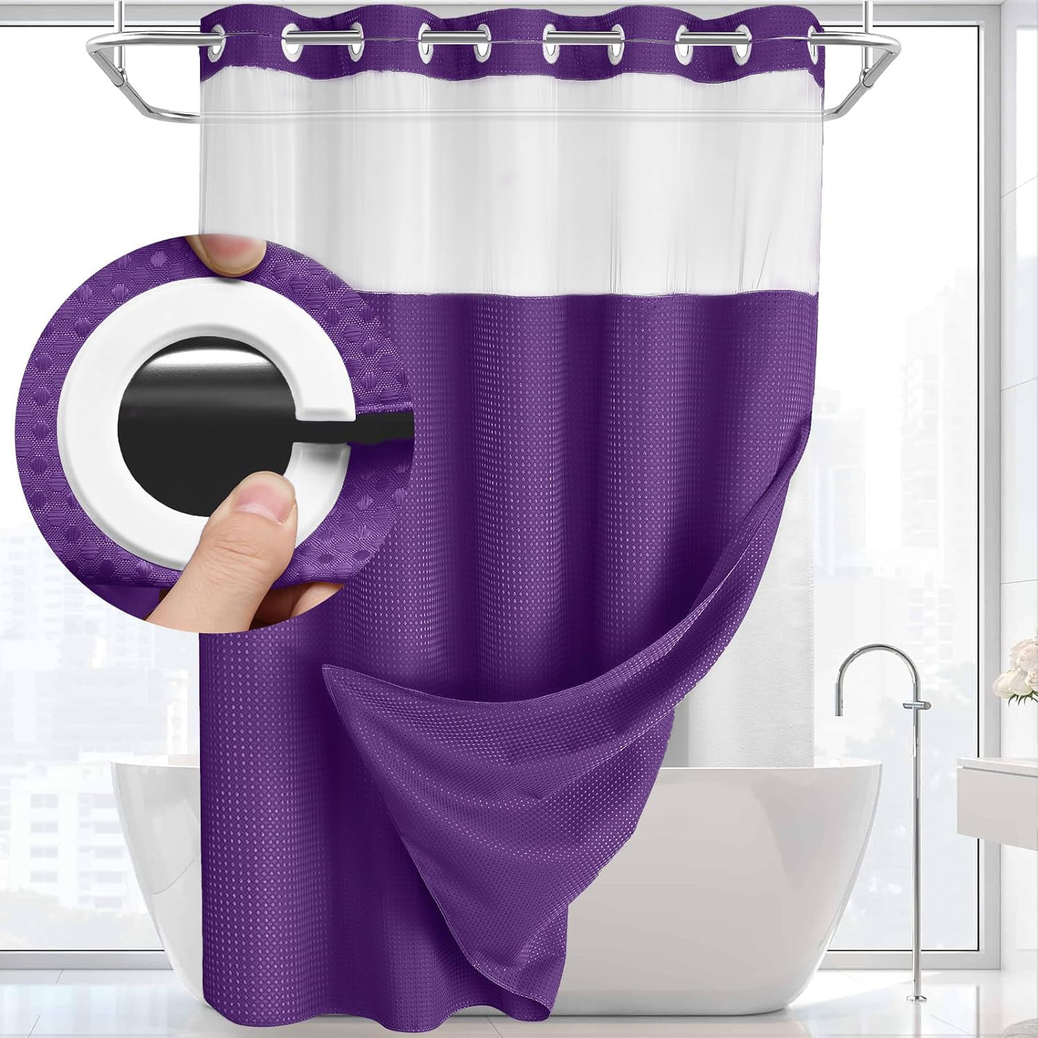 Grey No Hook Shower Curtain with Snap in Liner
