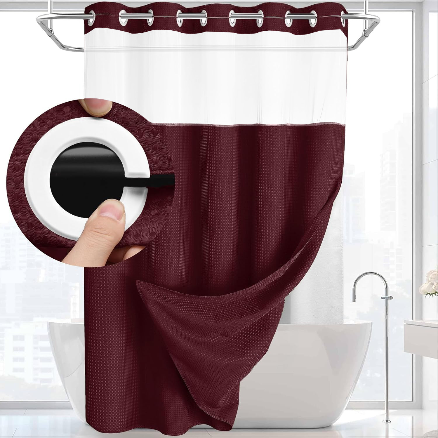 Grey No Hook Shower Curtain with Snap in Liner