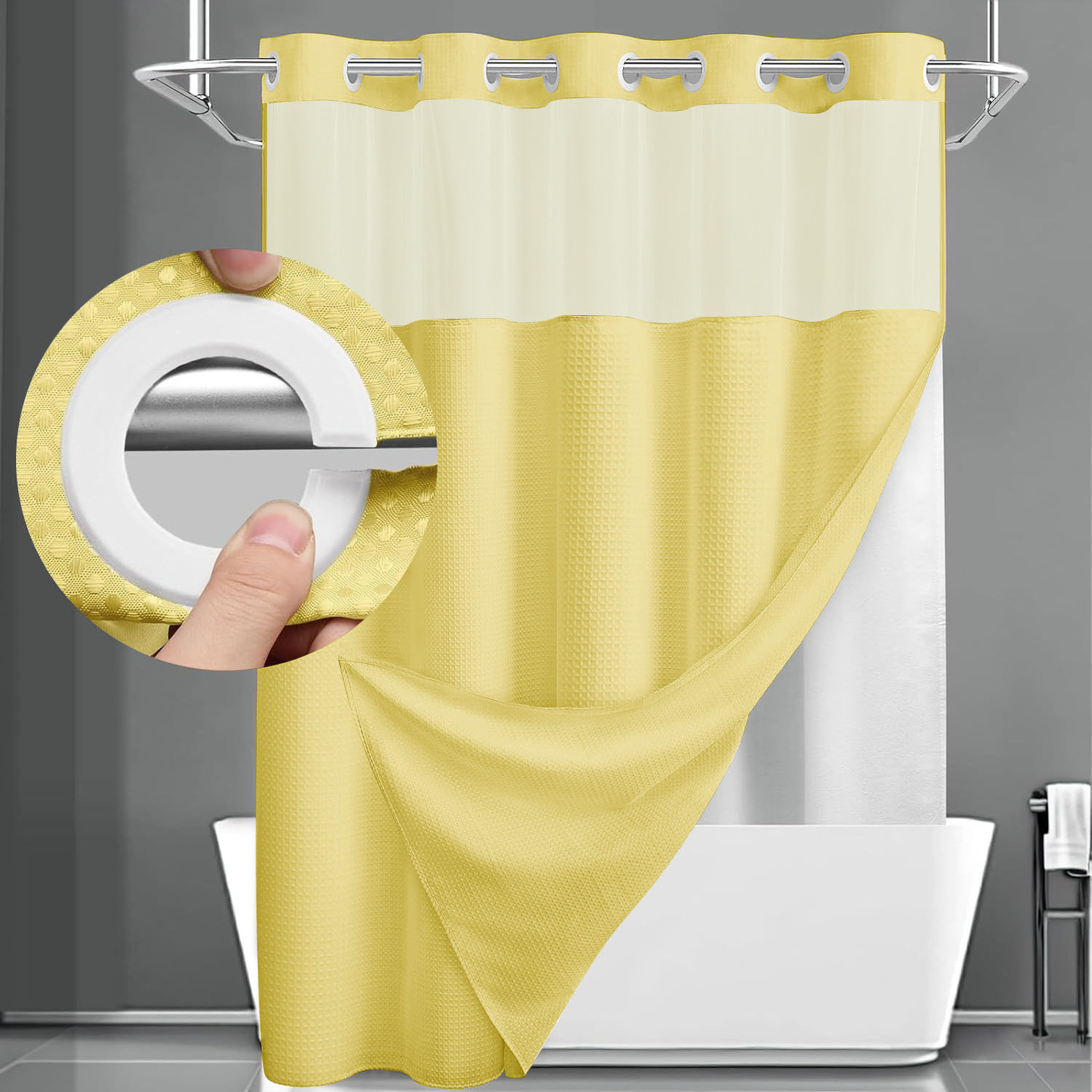 Grey No Hook Shower Curtain with Snap in Liner