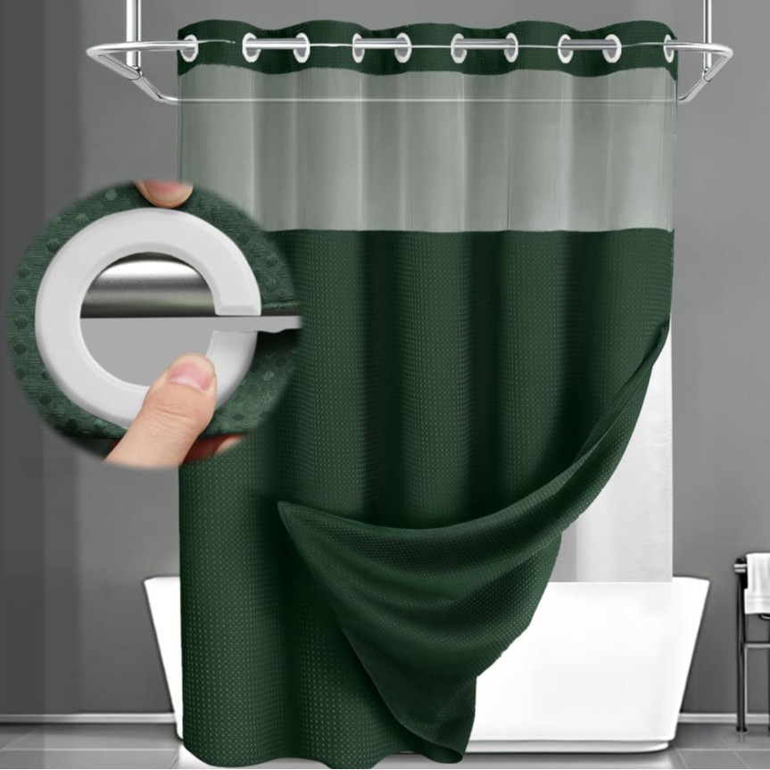 Grey No Hook Shower Curtain with Snap in Liner