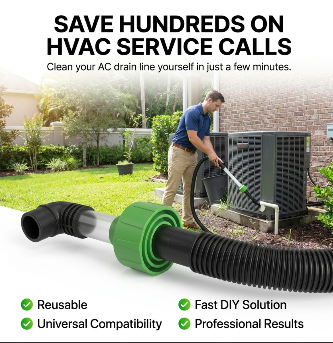 AC Drain Line Cleaner - Shop Vac Adapter for HVAC Condensate & Air Conditioner Clogs - Universal Fit Wet/Dry Vacuum Attachment - Clear See Through Fitting - Unclog, Flush & Evacuate
