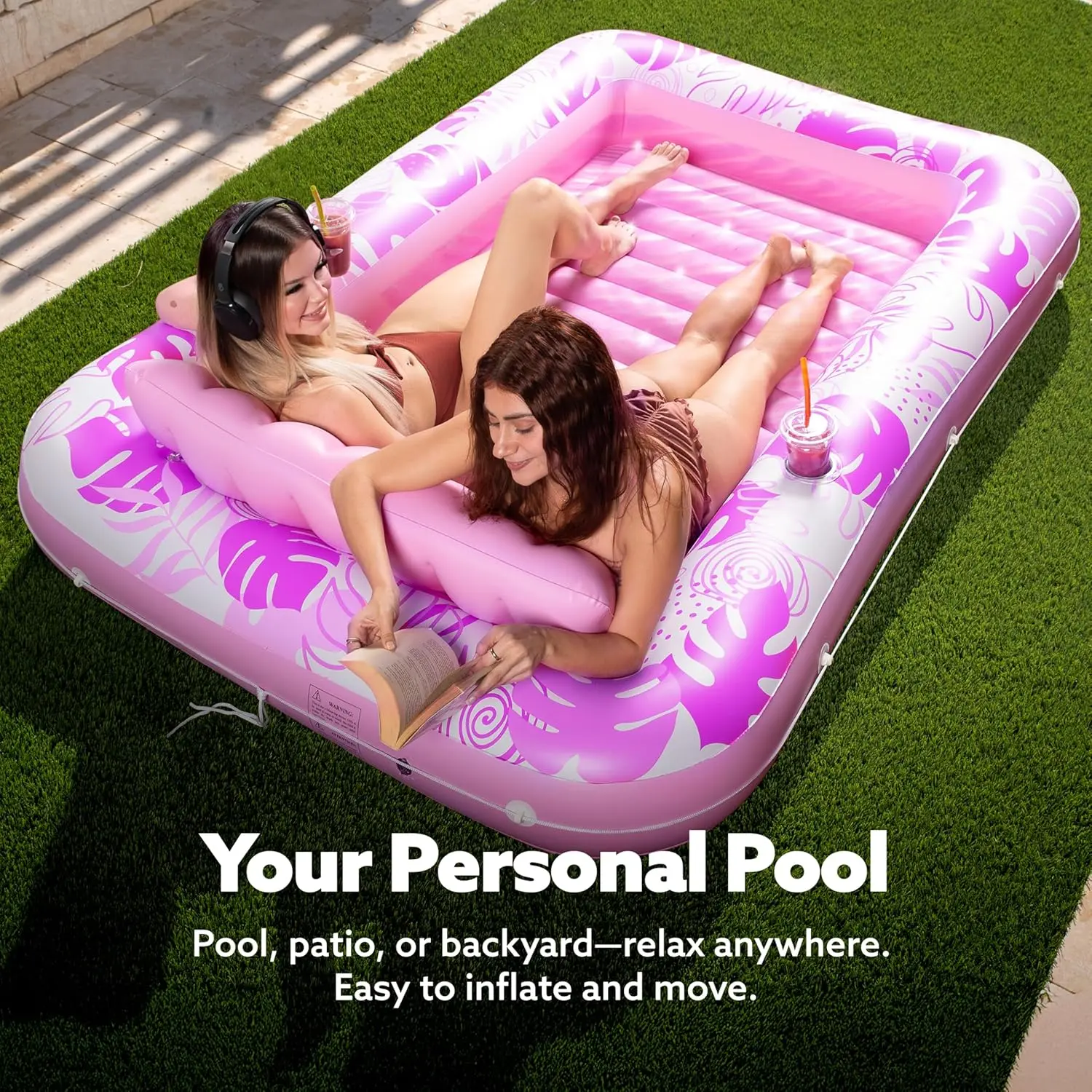 Inflatable Tanning Pool Lounge Float with Cup Holder