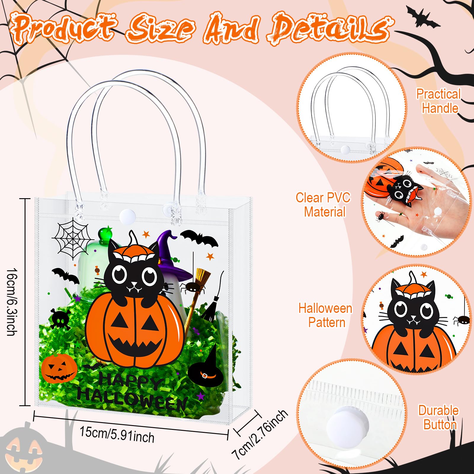12/24 Pcs Halloween Candy Bags with Handles PVC Treat Bags Bulk Pumpkin Ghost Black Cat Halloween Fall Pattern for Kids Adults Neighbors Coworkers Classmates Halloween Party Summerween Birthday Party Thanksgiving Dinner Autumn Harvest Party Favors