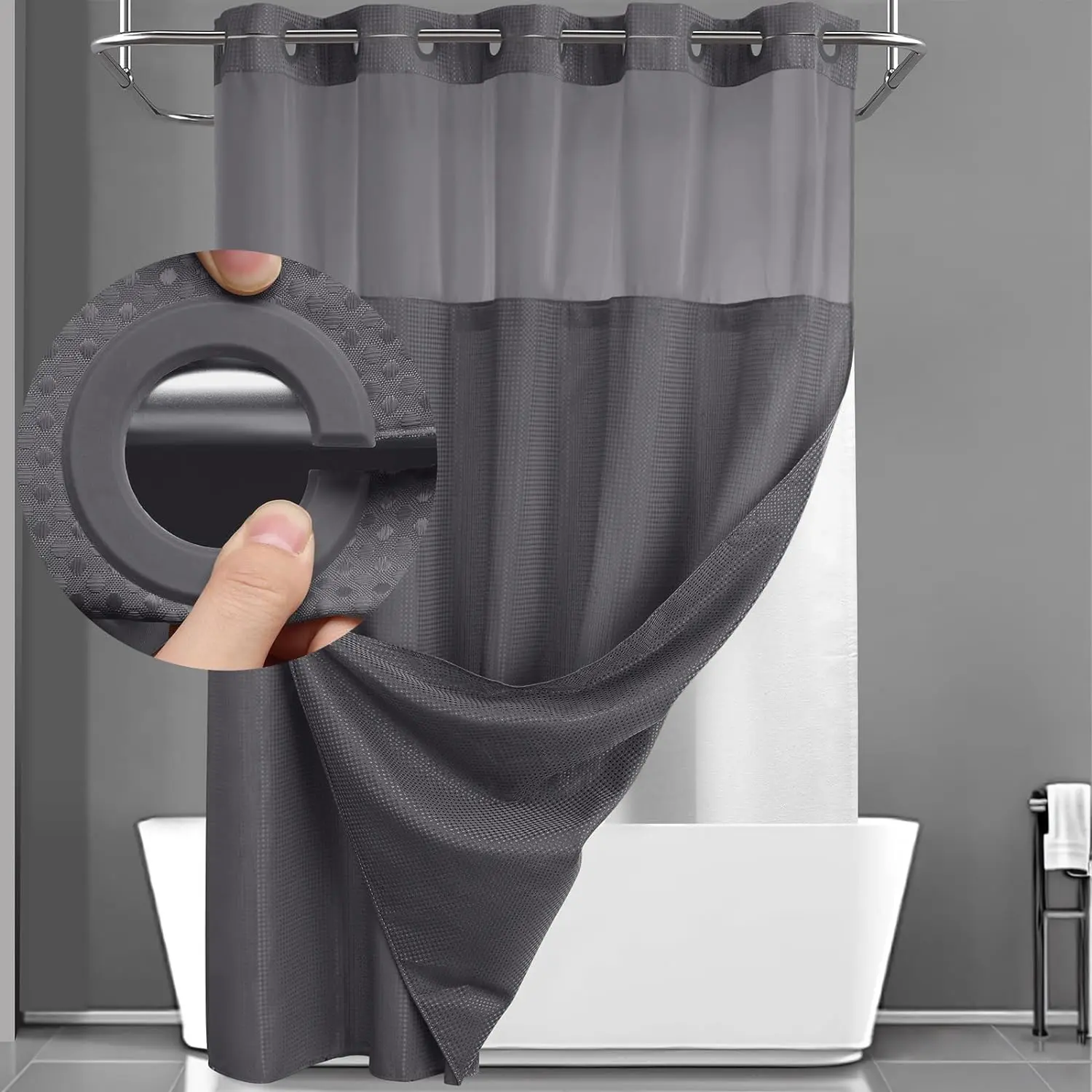 Grey No Hook Shower Curtain with Snap in Liner