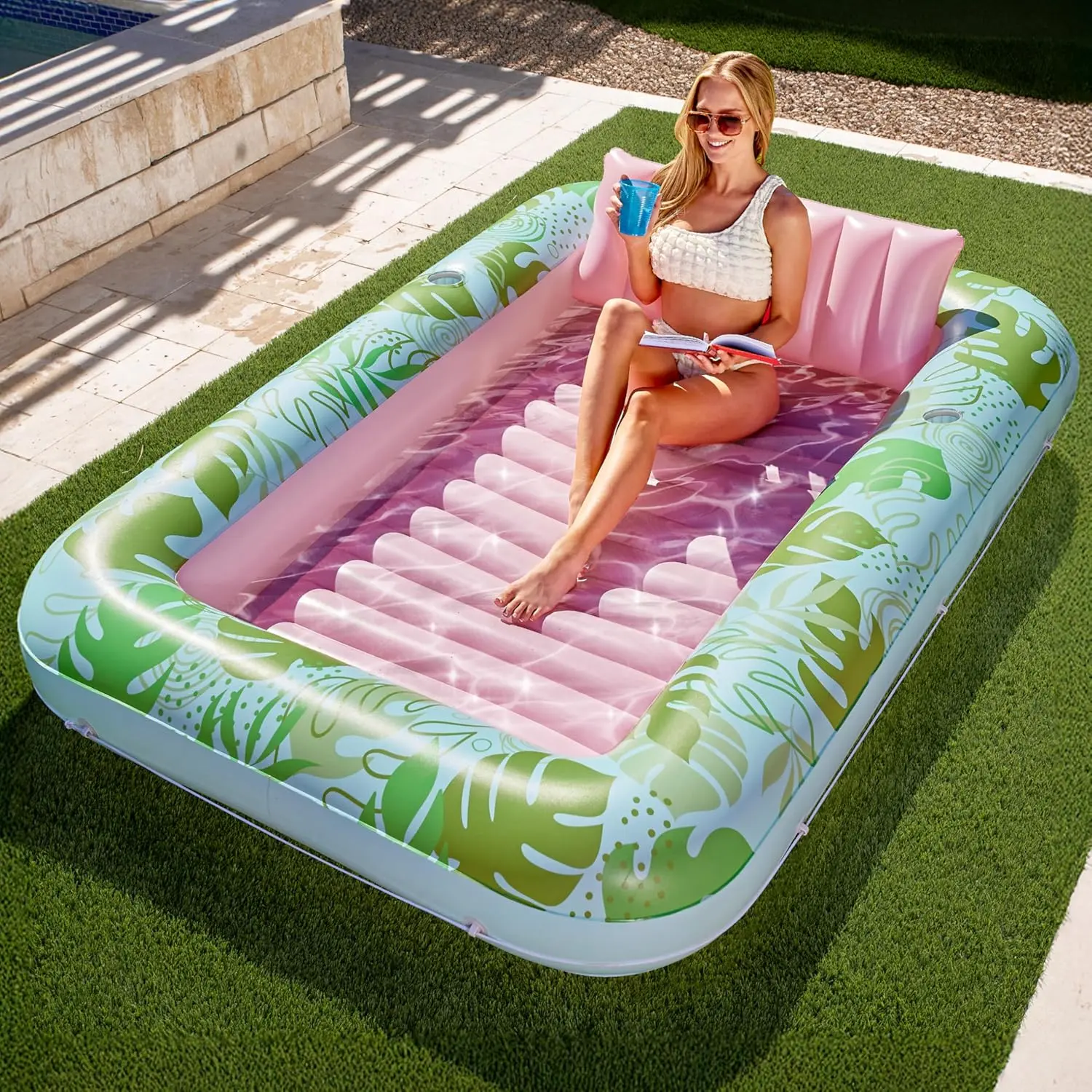 Inflatable Tanning Pool Lounge Float with Cup Holder