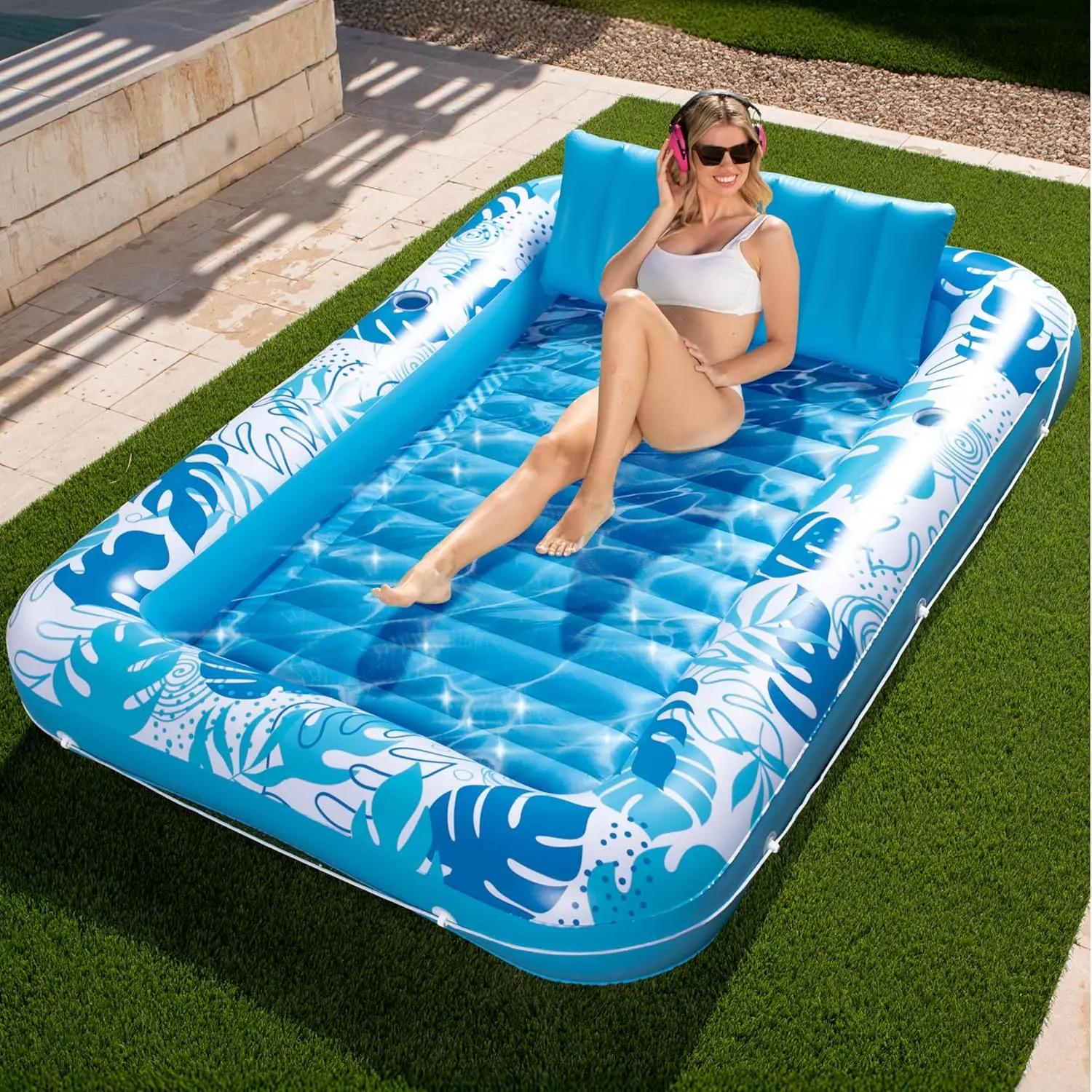 Inflatable Tanning Pool Lounge Float with Cup Holder