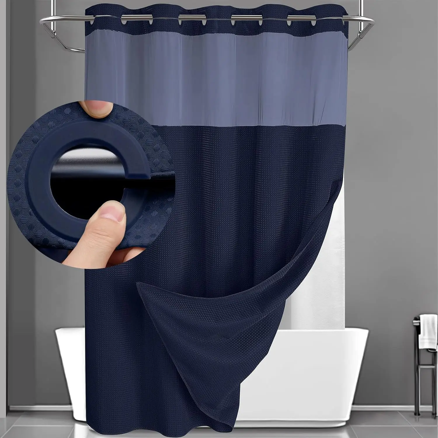 Grey No Hook Shower Curtain with Snap in Liner