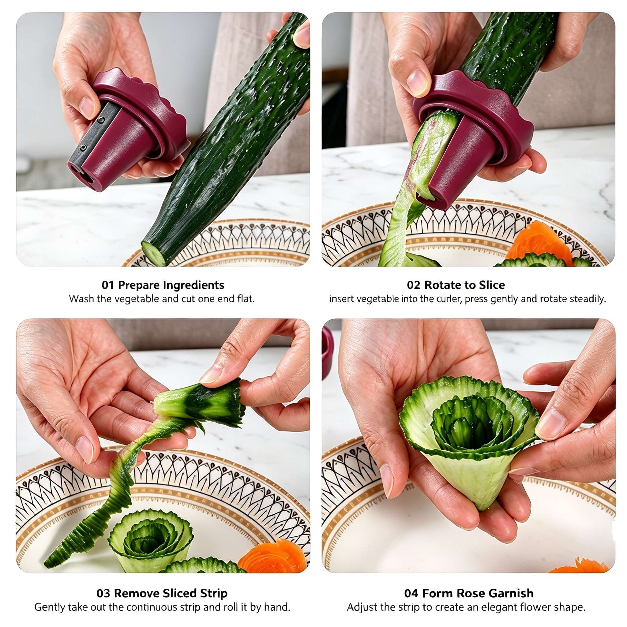 Rose‑Shaped Vegetable Curler, DIY Garnish Slicer for Cucumber Carrot Food Plating