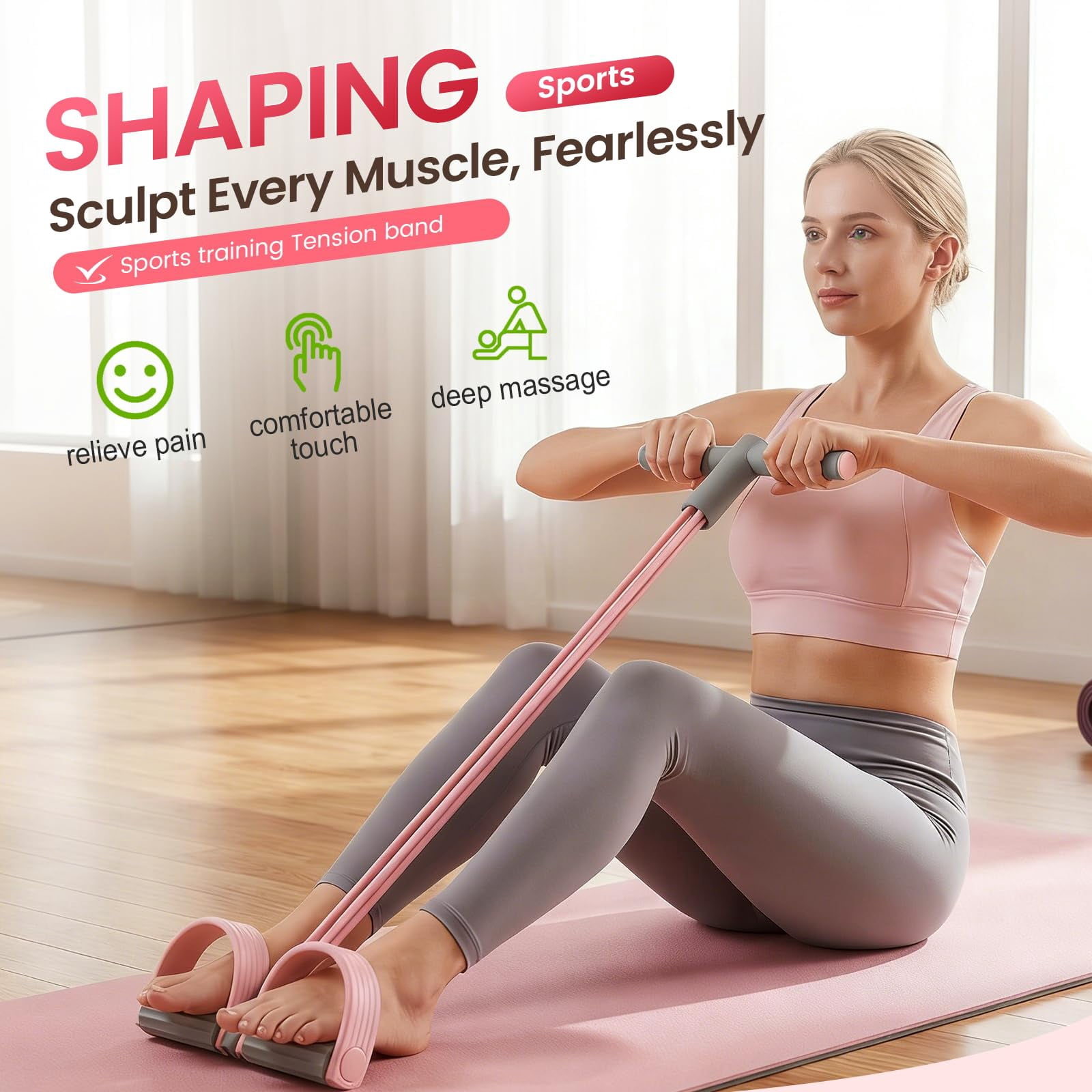 Multifunction Tension Rope, 6 Strand Heavy Duty Abdominal Crunch, Pedal Resistance Band with Handles, Natural Rubber for Abdomen Waist Arm Leg