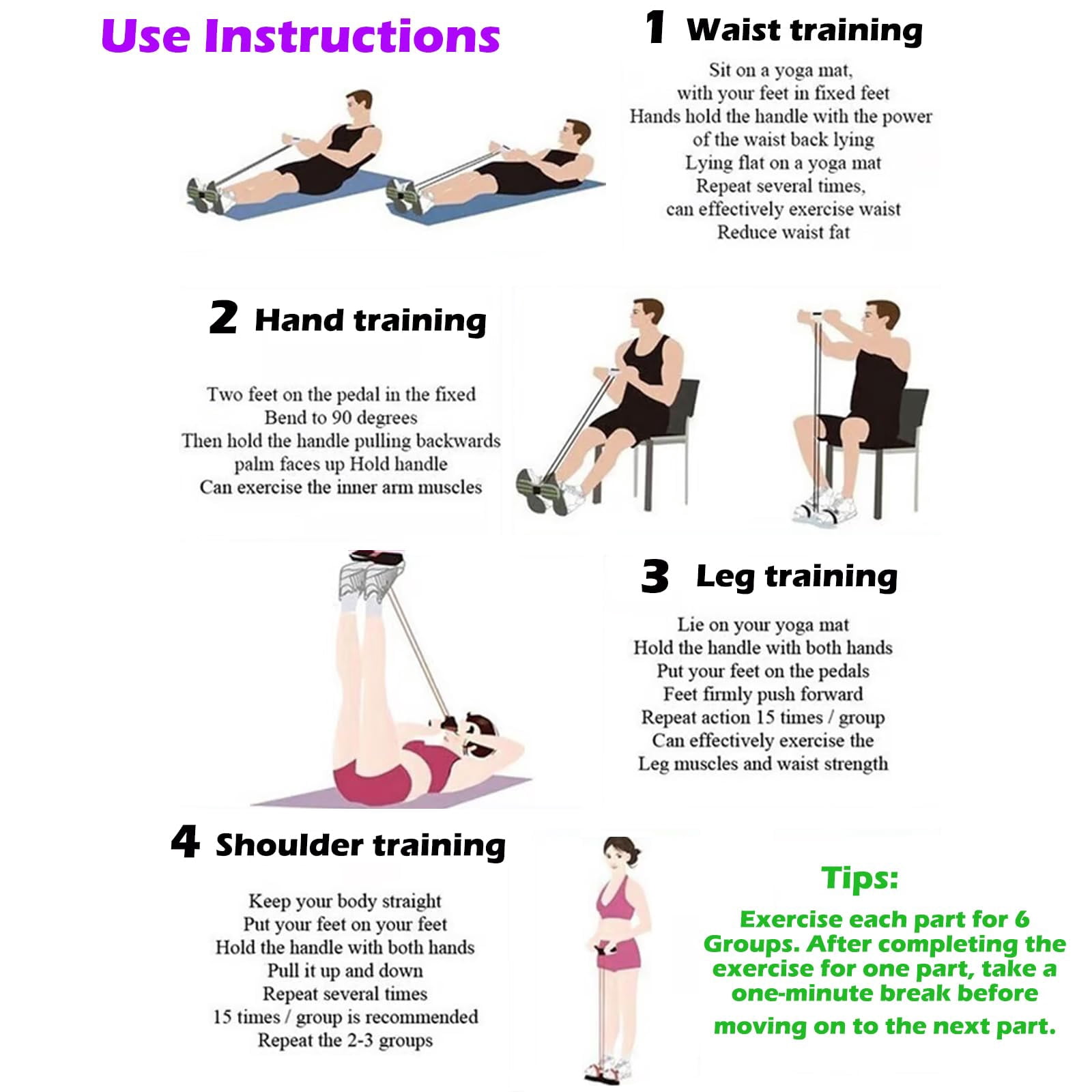 Multifunction Tension Rope, 6 Strand Heavy Duty Abdominal Crunch, Pedal Resistance Band with Handles, Natural Rubber for Abdomen Waist Arm Leg