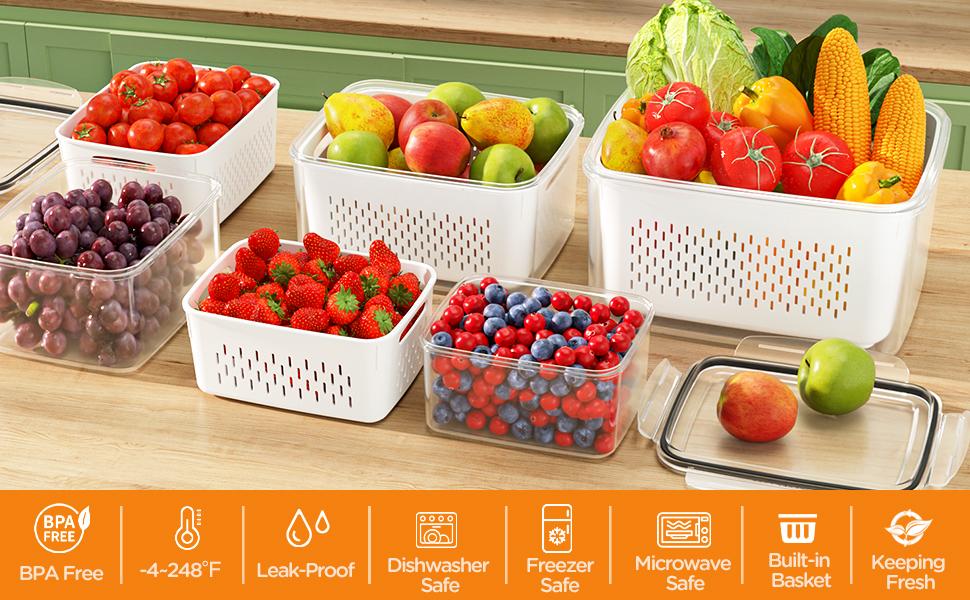 5 Pack Fridge Organizers and Storage - Stackable Fruit Storage Containers for Fridge with Removable Colander, BPA-Free Food Storage Container for Salad Berry Lettuce Vegetables Meat Keeper Fresh