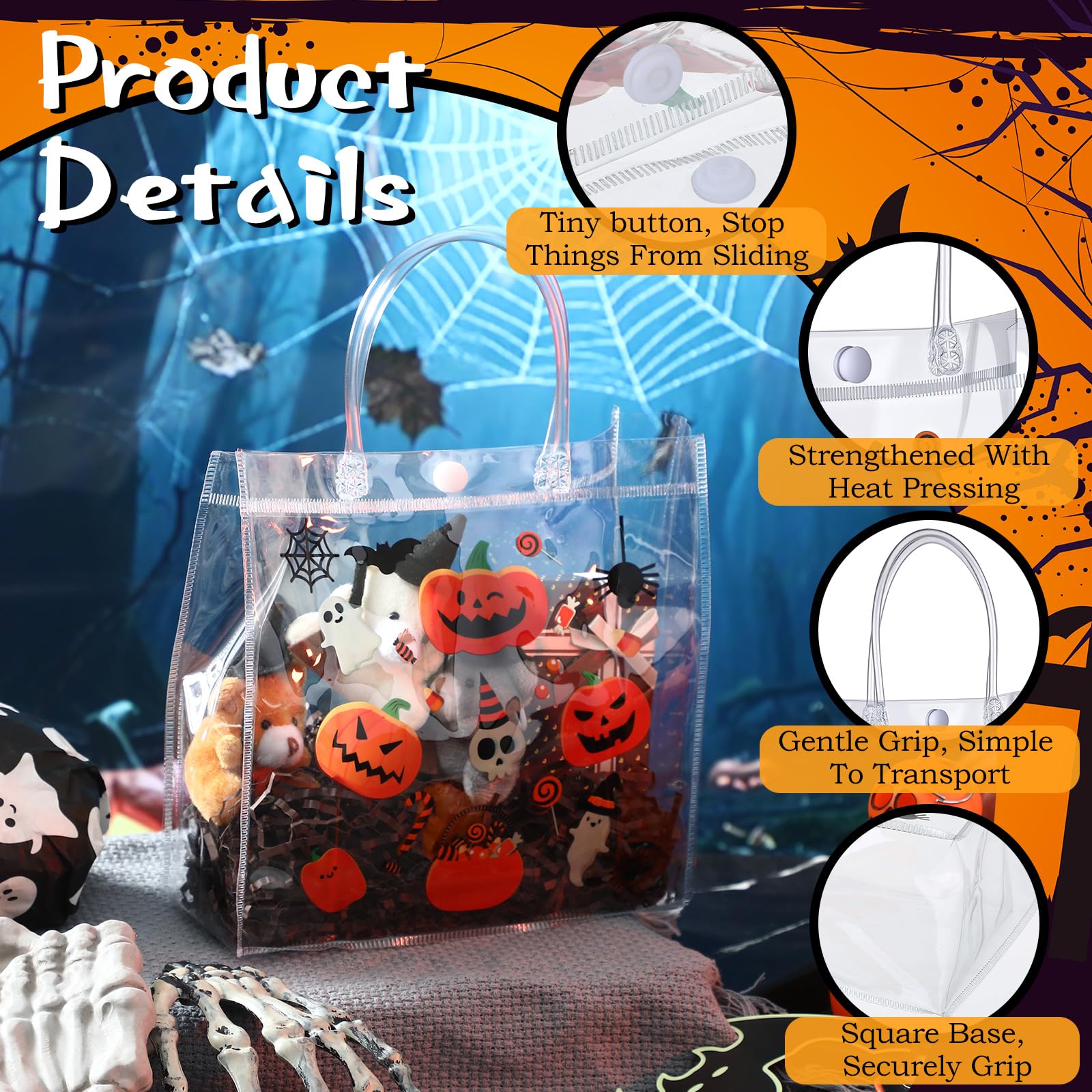12/24 Pcs Halloween Candy Bags with Handles PVC Treat Bags Bulk Pumpkin Ghost Black Cat Halloween Fall Pattern for Kids Adults Neighbors Coworkers Classmates Halloween Party Summerween Birthday Party Thanksgiving Dinner Autumn Harvest Party Favors