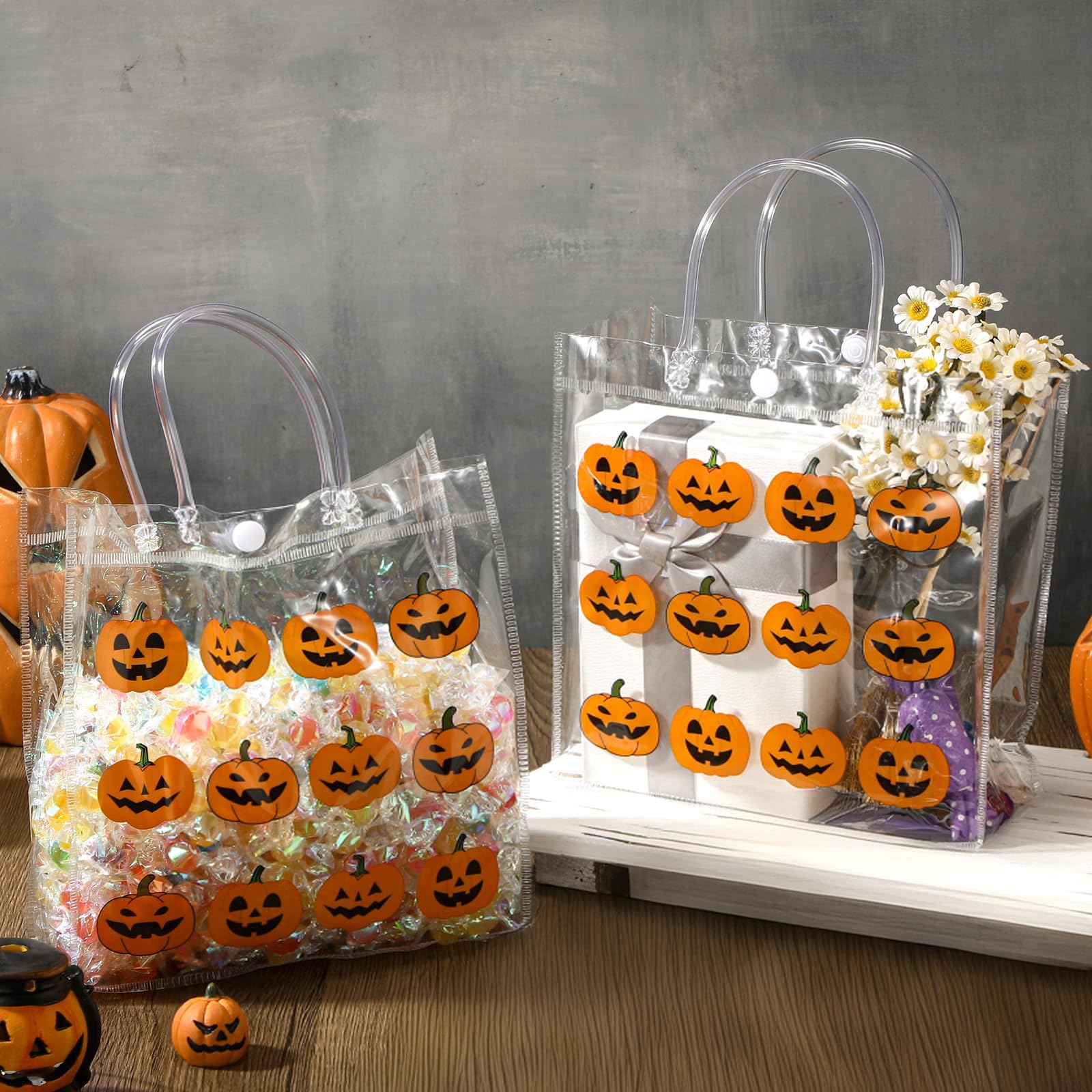 12/24 Pcs Halloween Candy Bags with Handles PVC Treat Bags Bulk Pumpkin Ghost Black Cat Halloween Fall Pattern for Kids Adults Neighbors Coworkers Classmates Halloween Party Summerween Birthday Party Thanksgiving Dinner Autumn Harvest Party Favors