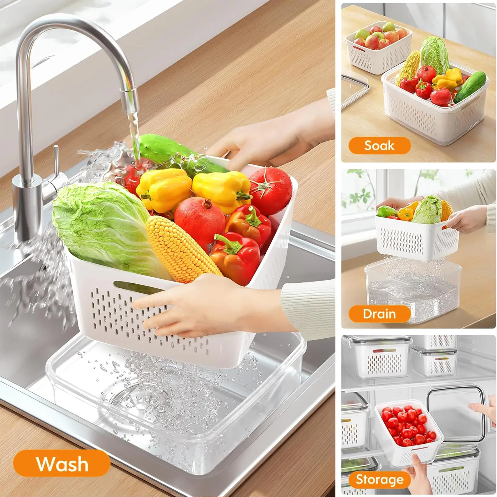 5 Pack Stackable Fridge Organizers with Removable Colander