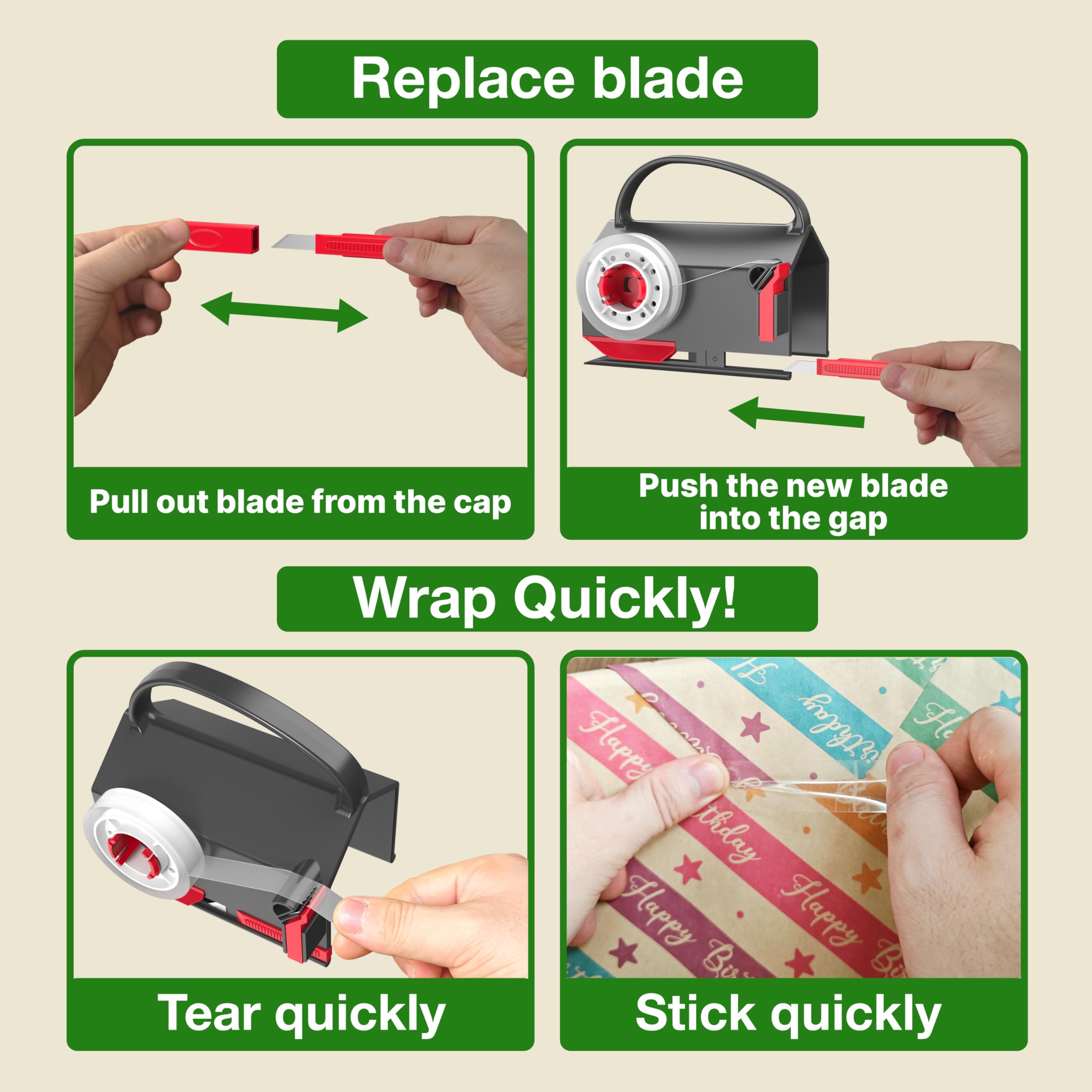 DHG 2 Pack Dual-Use Wrapping Paper Cutter & Tape Dispenser Kit, Includes 4 Rolls Tape & 2 Replacement Blades, Sliding Roll Slicer Holder for Christmas Kraft Cellophane Paper, Home Office Classroom Birthday Gift Cutting Supplies