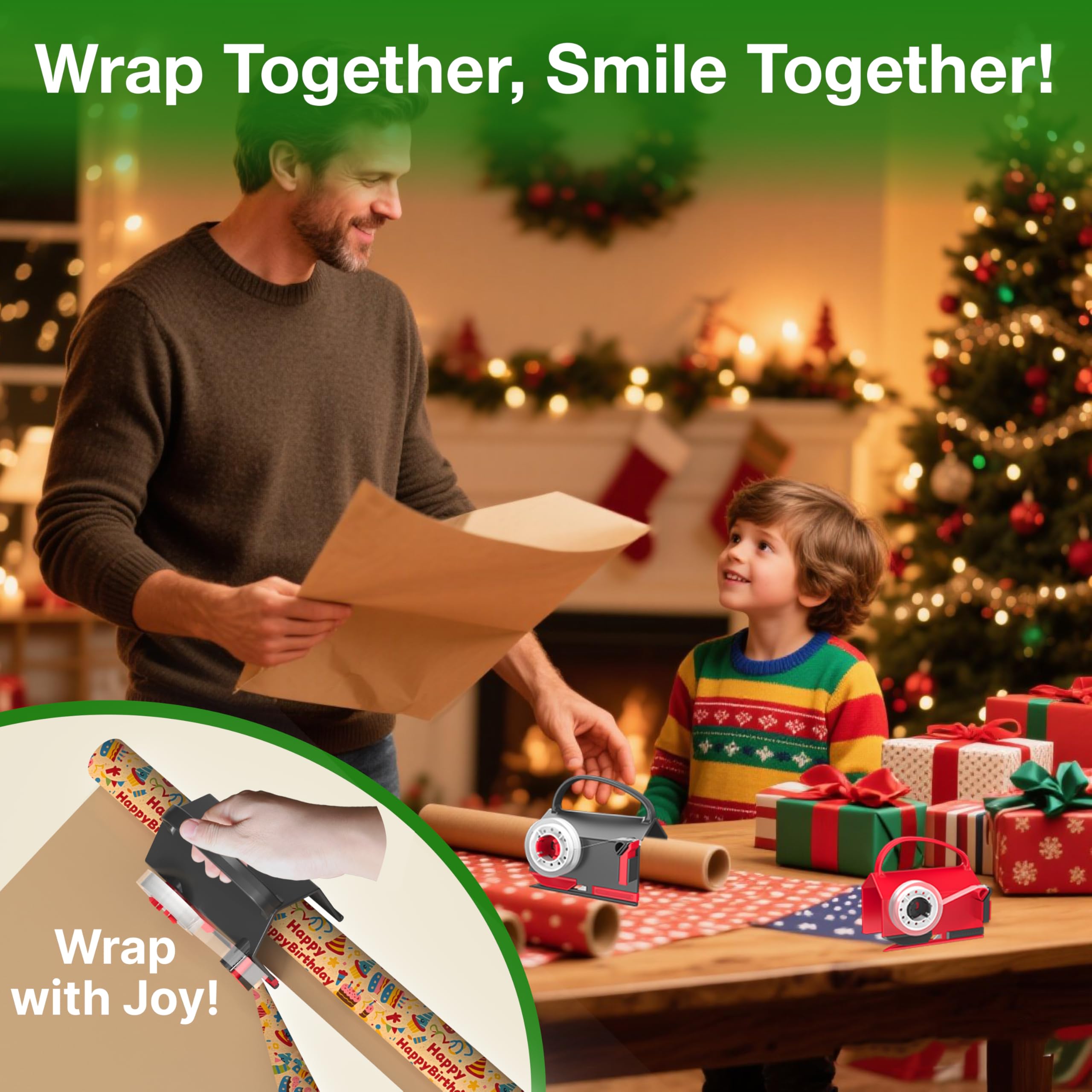 DHG 2 Pack Dual-Use Wrapping Paper Cutter & Tape Dispenser Kit, Includes 4 Rolls Tape & 2 Replacement Blades, Sliding Roll Slicer Holder for Christmas Kraft Cellophane Paper, Home Office Classroom Birthday Gift Cutting Supplies